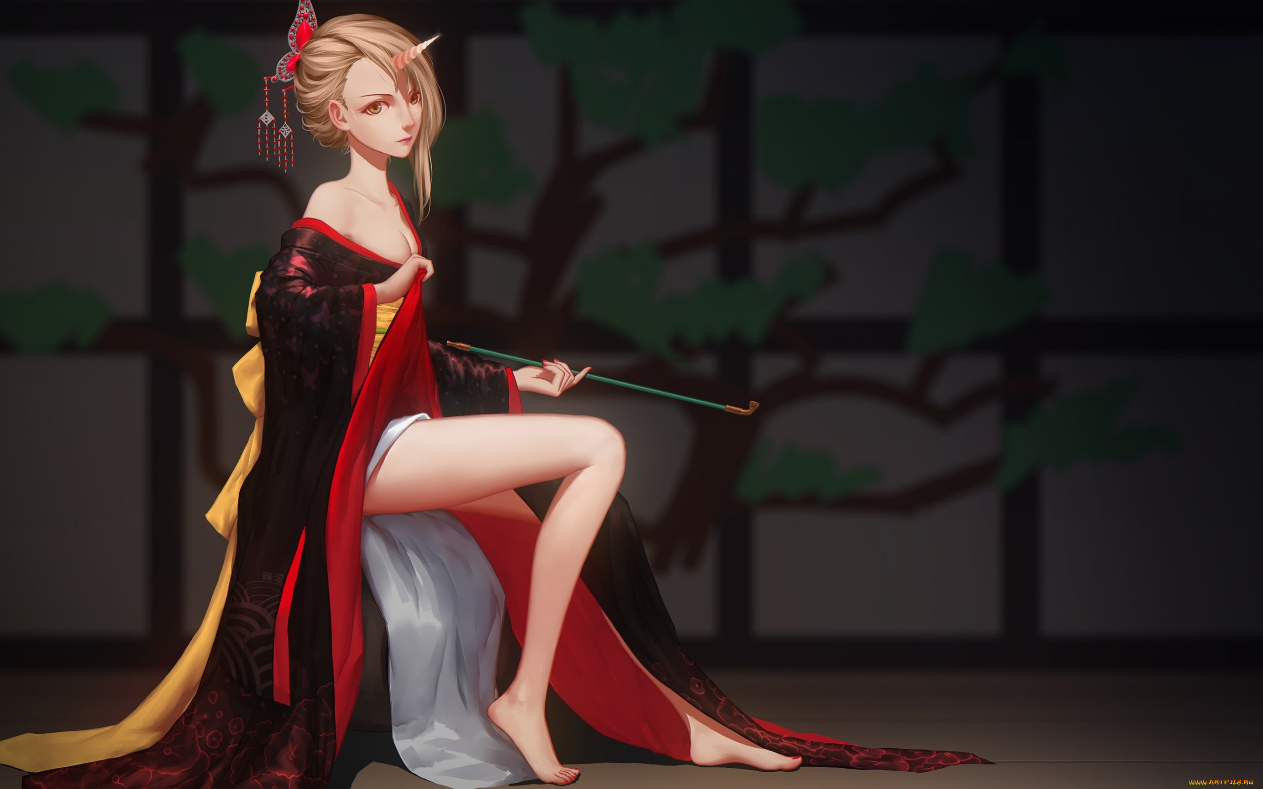 аниме, -angels, &, demons, комната, курительная, трубка, юката, рог, грудь, взгляд, девушка, maredoro, art