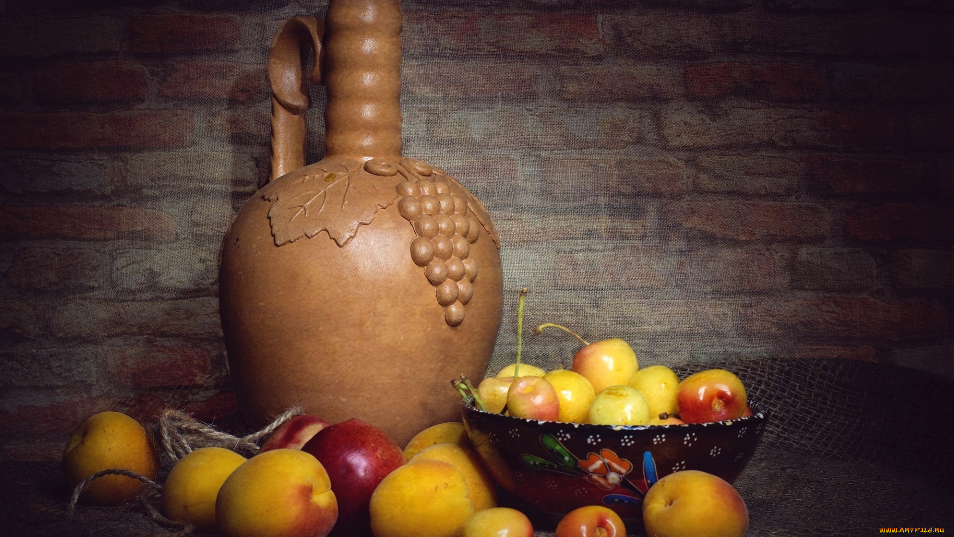 еда, фрукты, , ягоды, абрикосы, черешня, текстура, кувшин, натюрморт