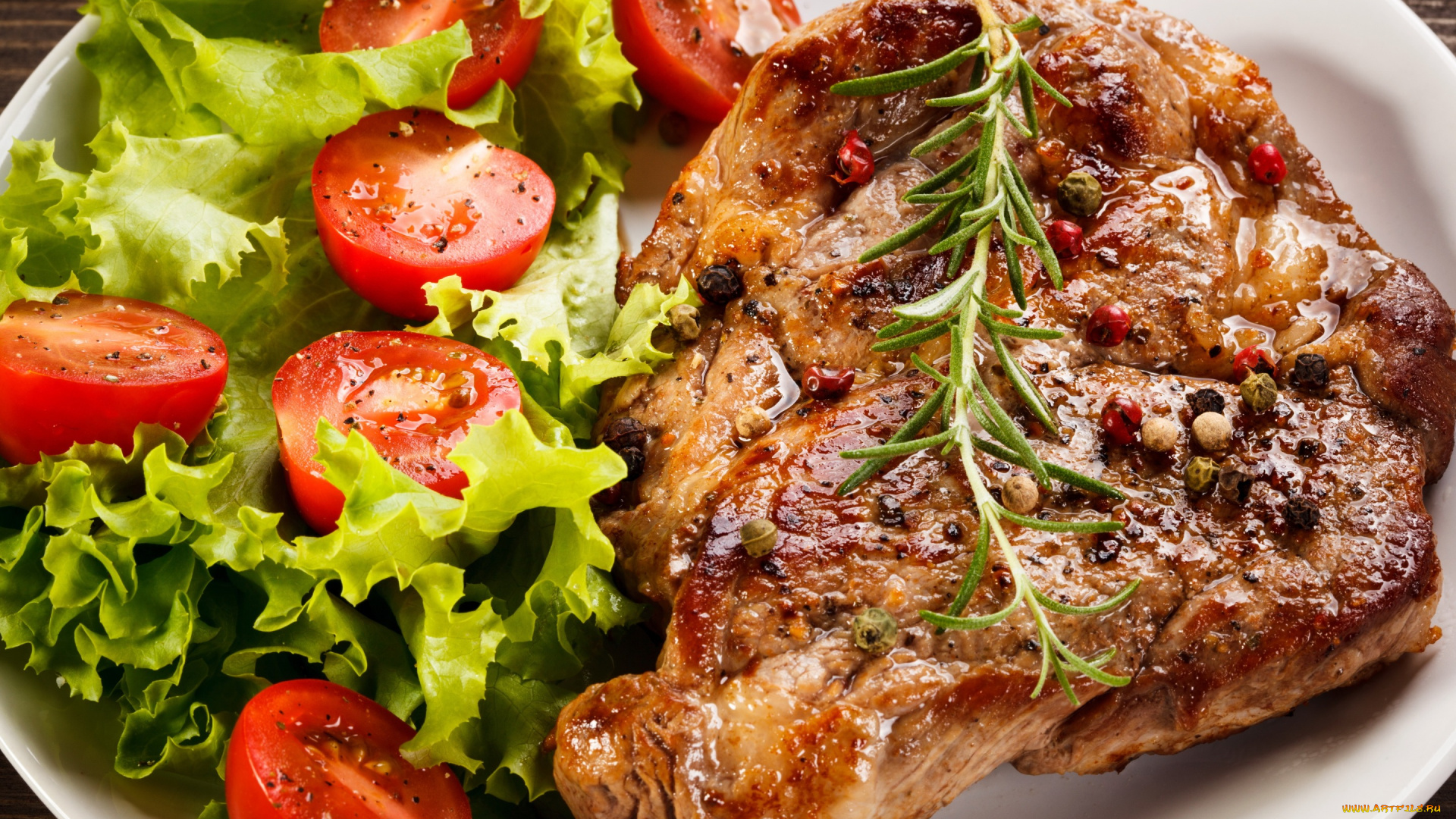 еда, мясные, блюда, специи, салат, spice, листья, meat, томаты, помидоры, стейк, мясо, tomatoes, steak