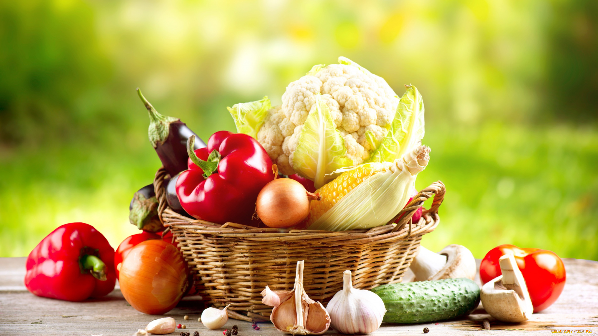 еда, овощи, огурец, зелень, боке, натюрморт, перец, корзина, чеснок, репчатый, лук, природа, стол, баклажан, капуста, кукуруза, гриб, помидор