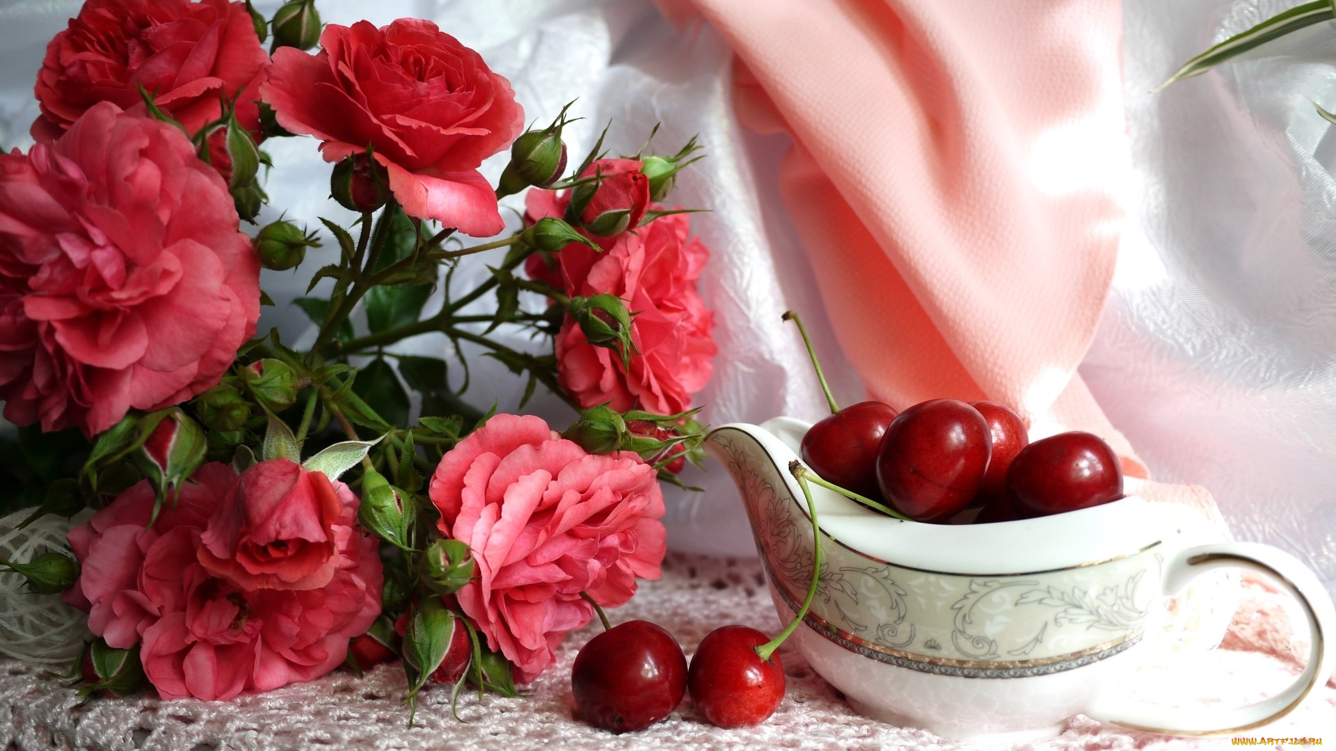 еда, вишня, , черешня, розы, цветы, лето, платок, ягоды