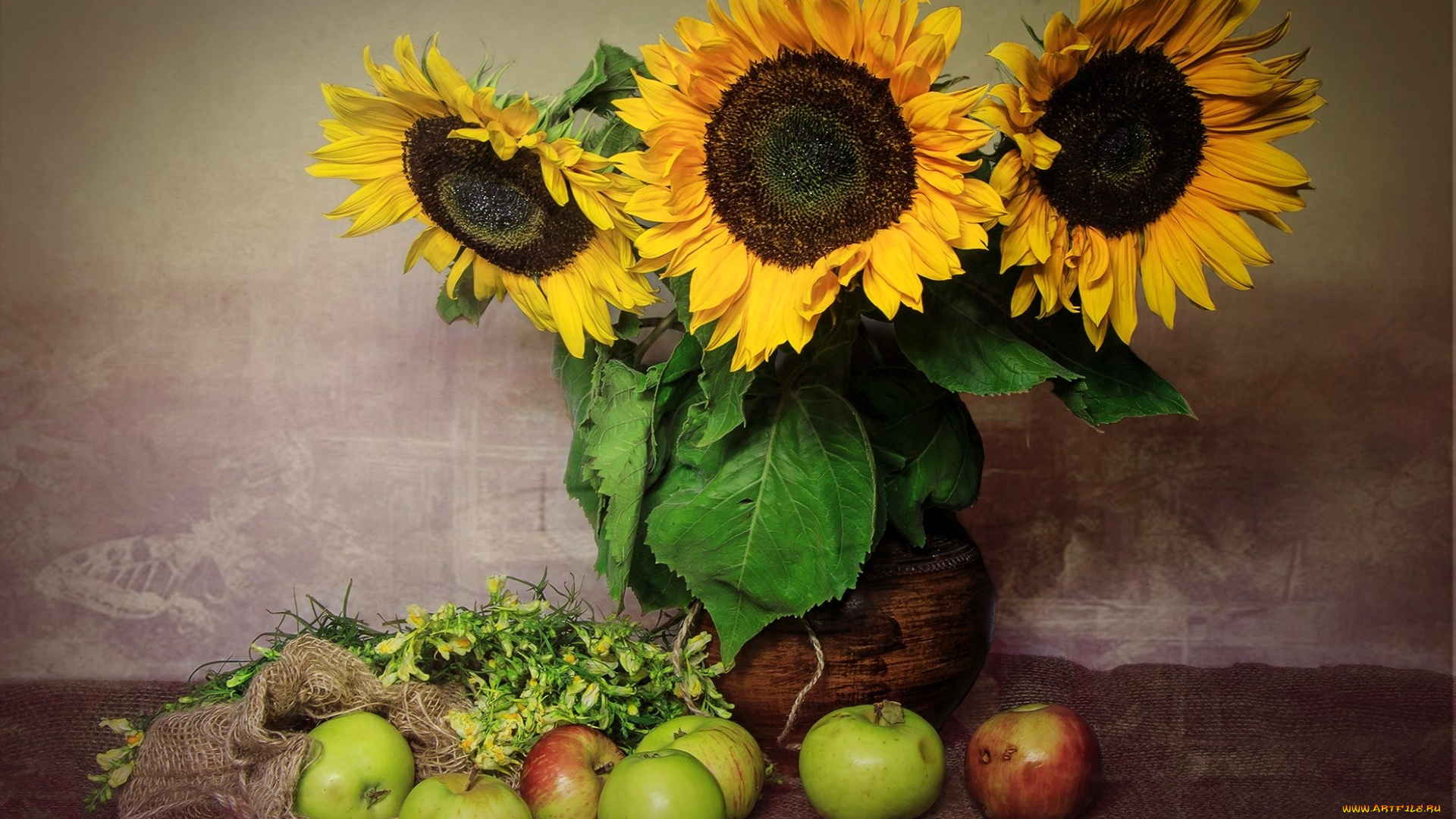 еда, Яблоки, текстура, яблоки, подсолнухи, букет, натюрморт