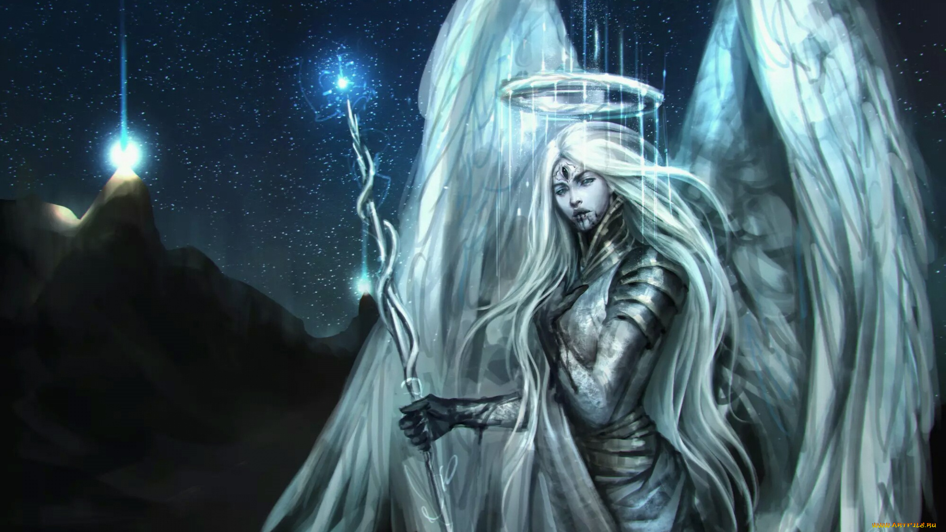 фэнтези, ангелы, naznemati, angel, ангел, девушка, посох, ночь, гора, свет