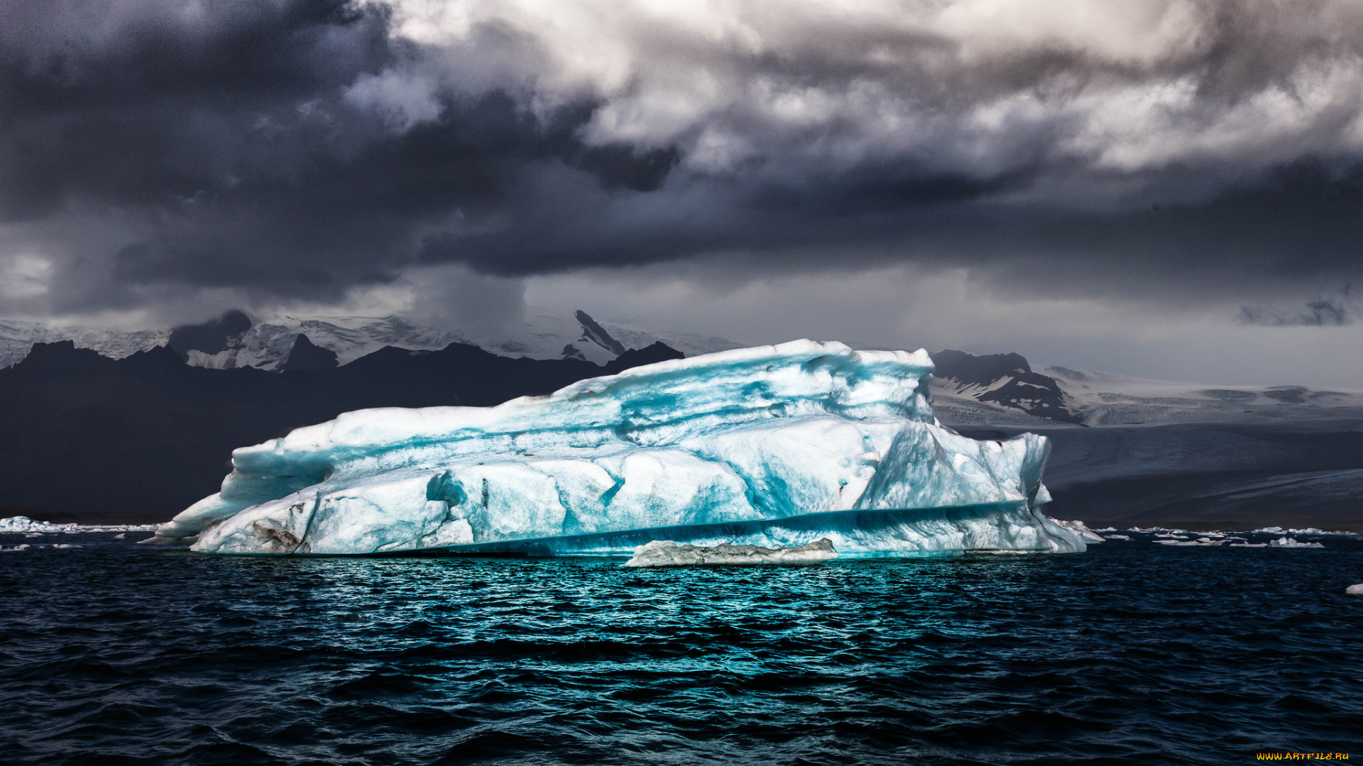 природа, айсберги, и, ледники, айсберг, море, тучи