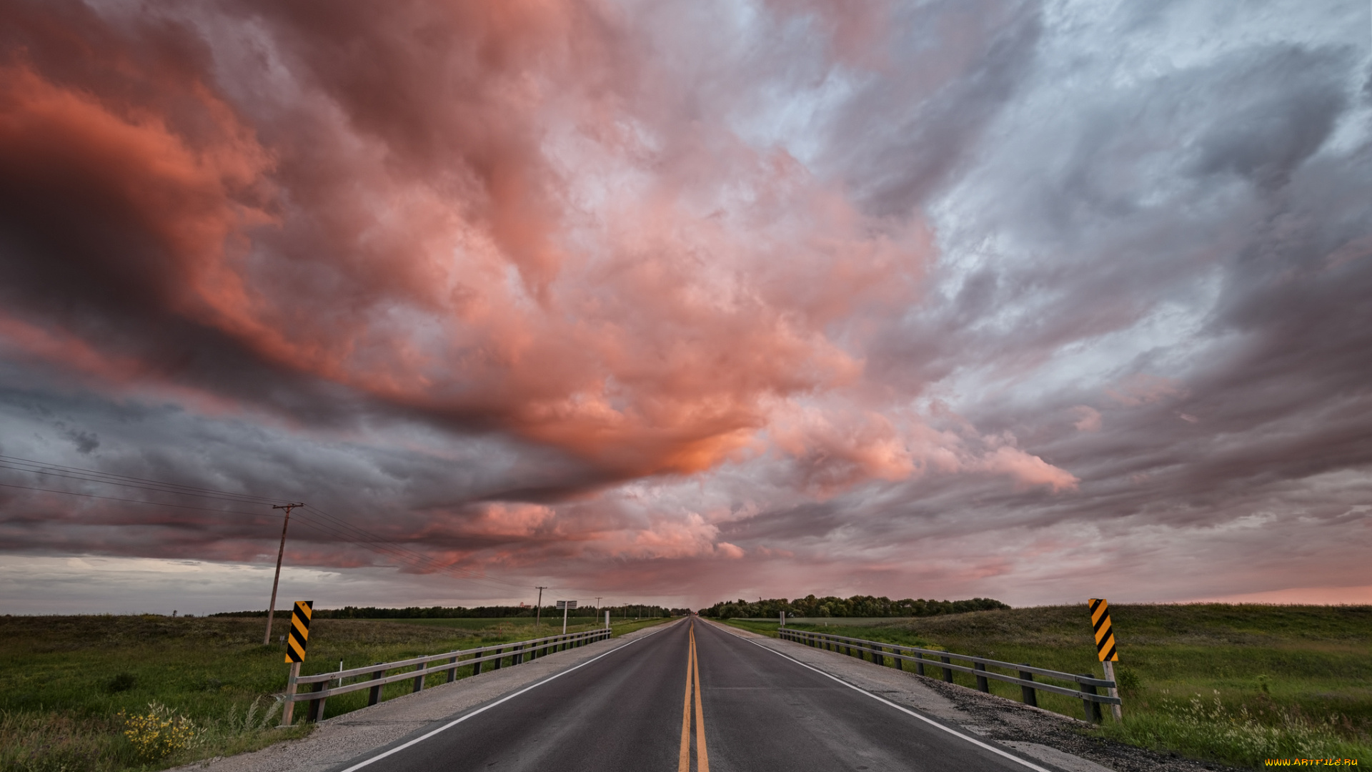 природа, дороги, шоссе, тучи, зарево