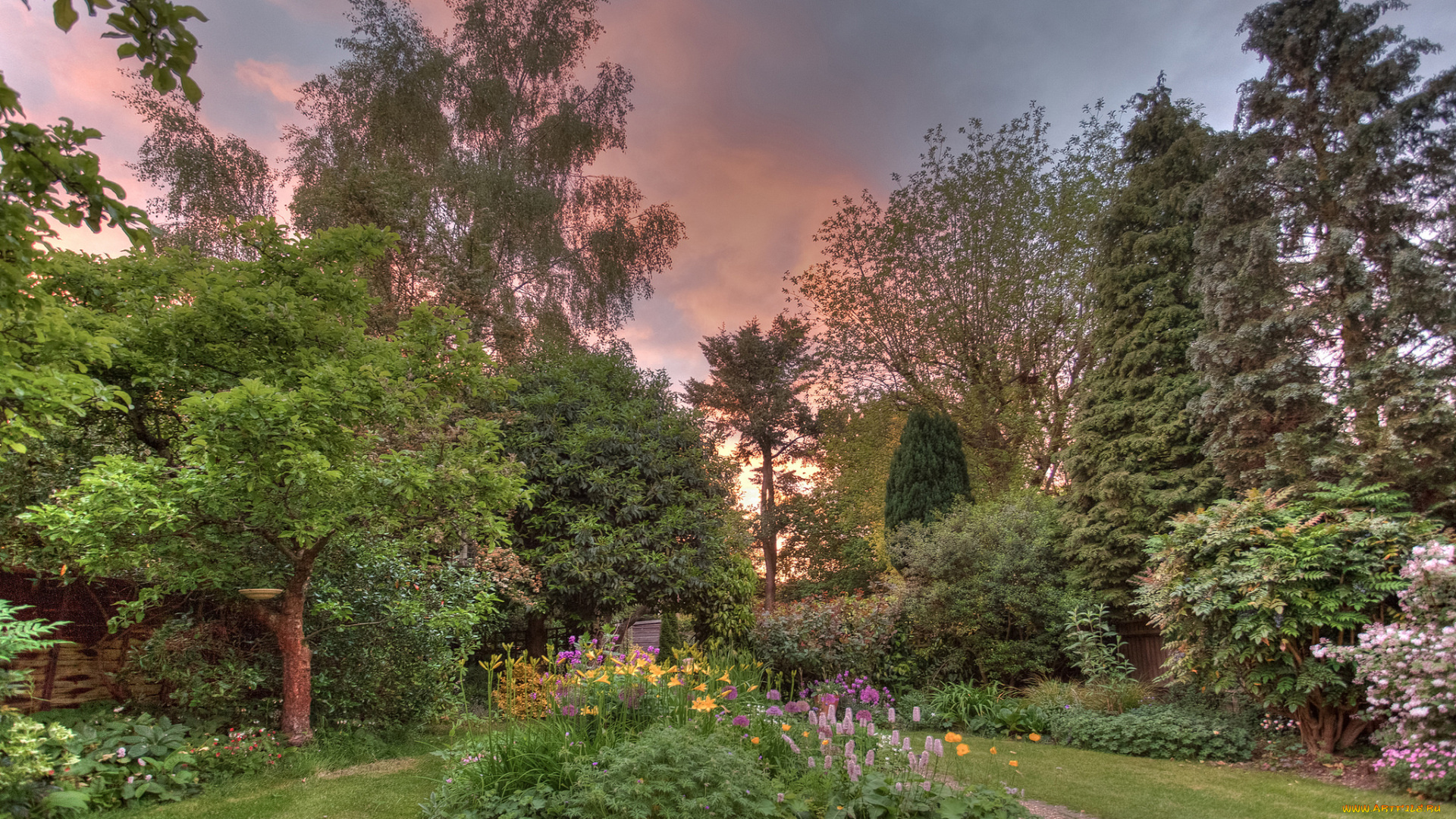 природа, парк, цветы, трава, деревья, газон