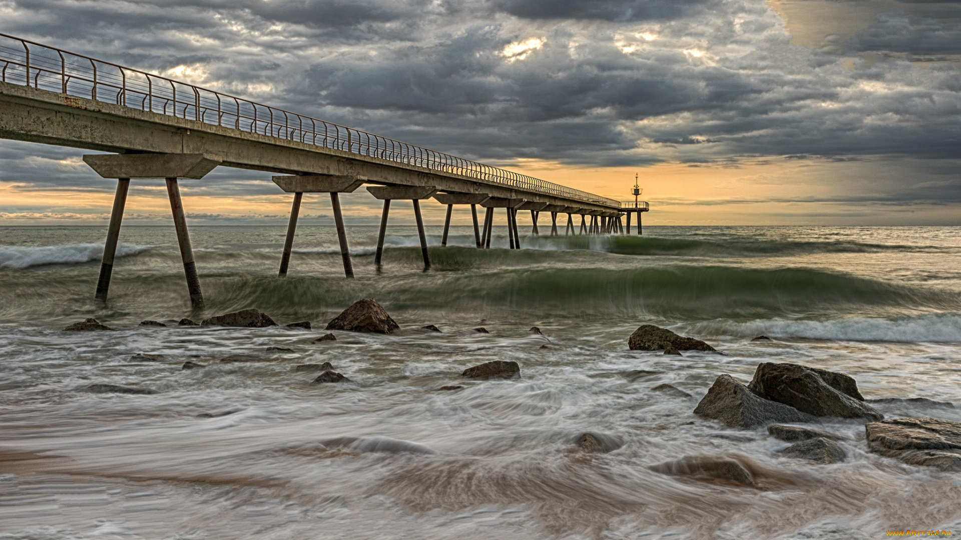 природа, побережье, тучи, мост, океан