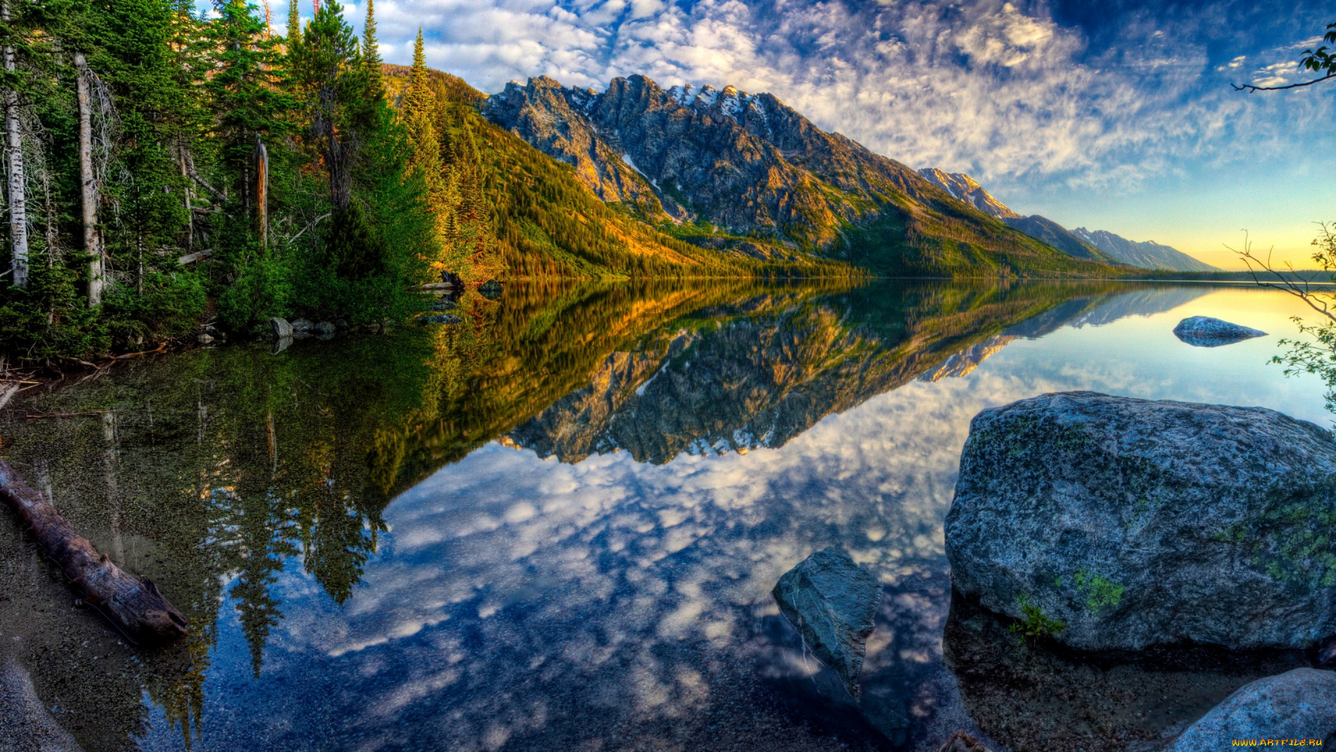 природа, реки, озера, камни, деревья, grand, teton, берег, лес, горы, отражение, озеро, сша, jenny, lake