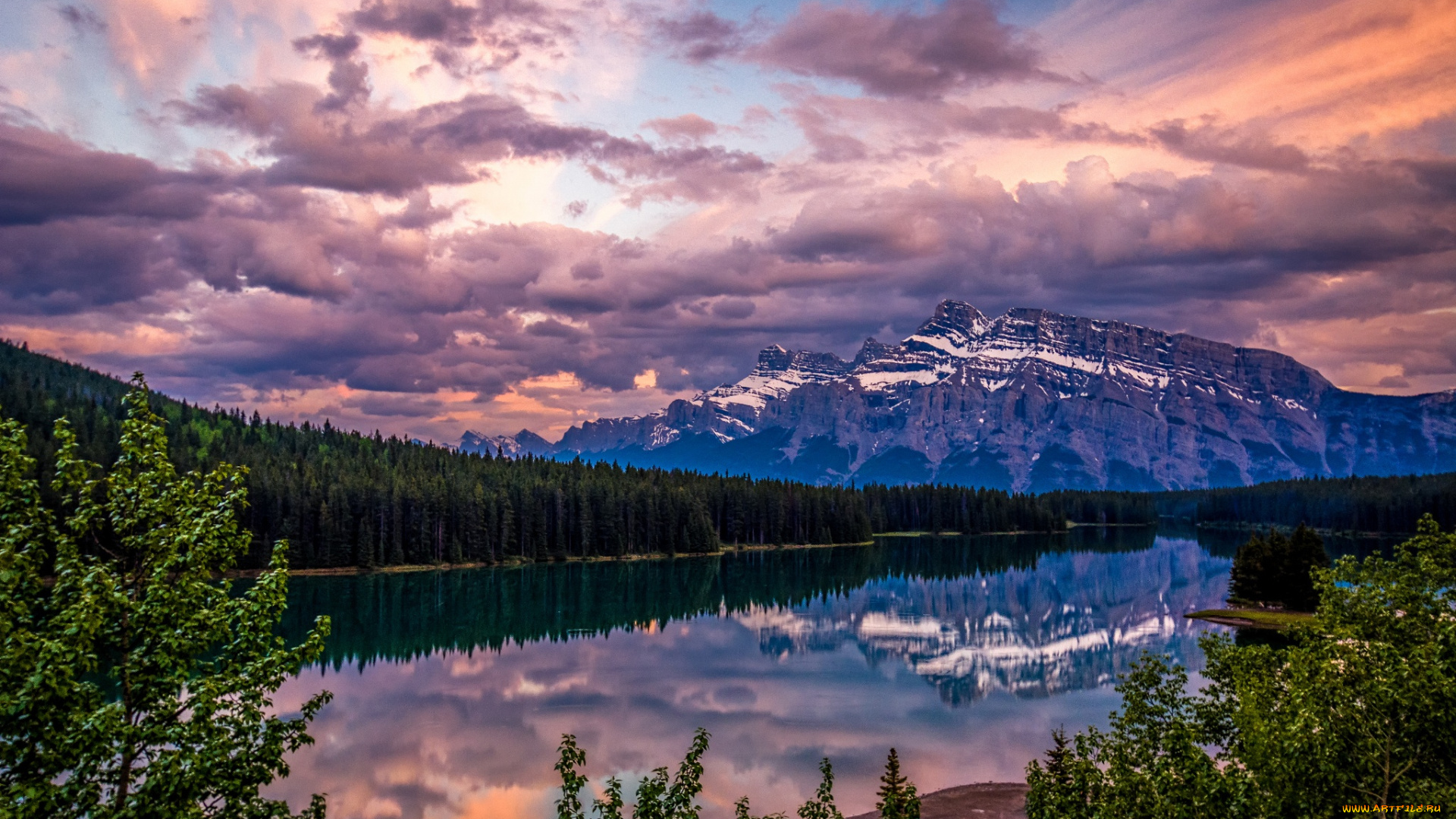 природа, реки, озера, канада, отражение, закат, бнаф, озеро, гора