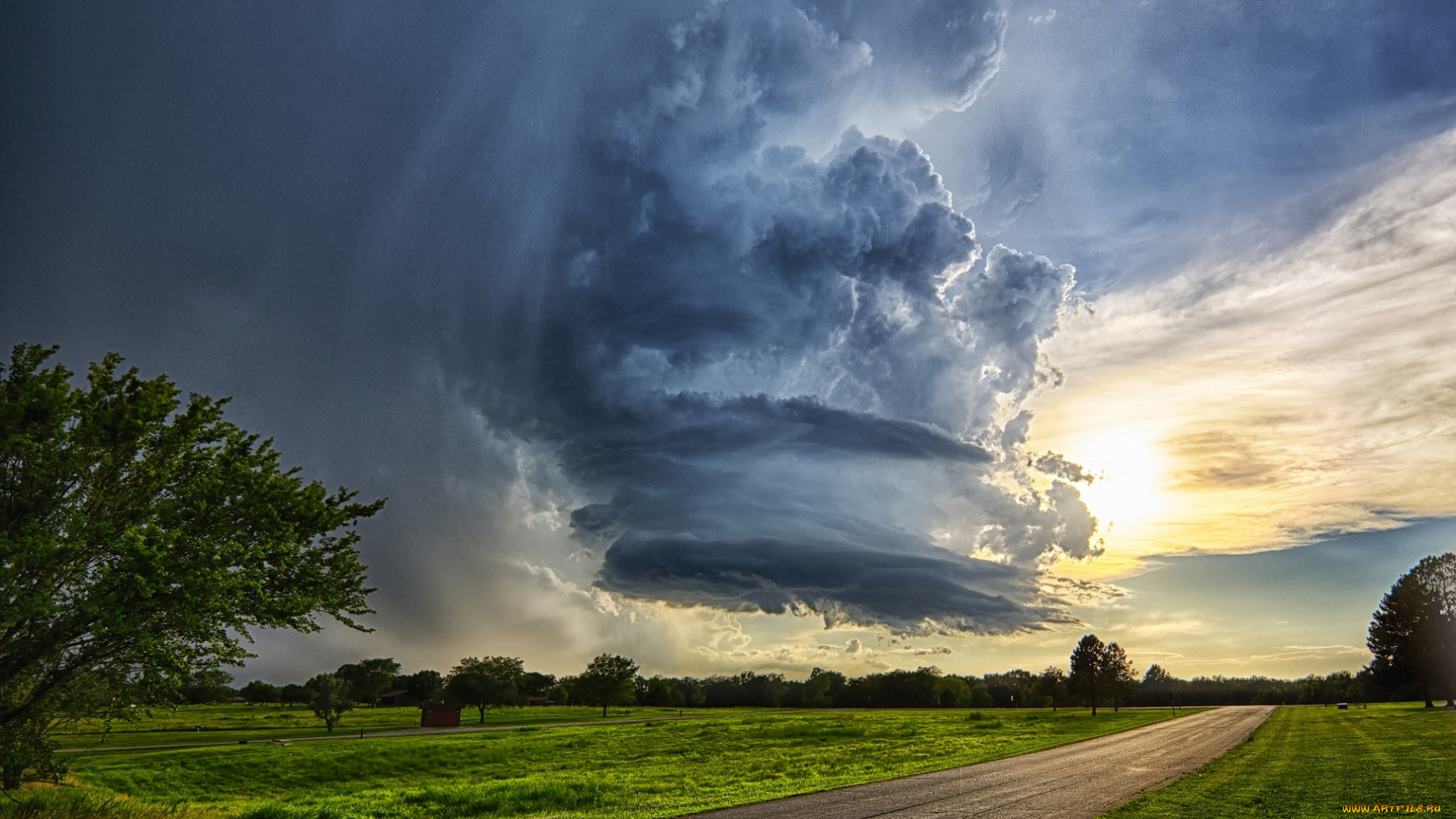 природа, стихия, дорога, поля, деревья, тучи, непогода