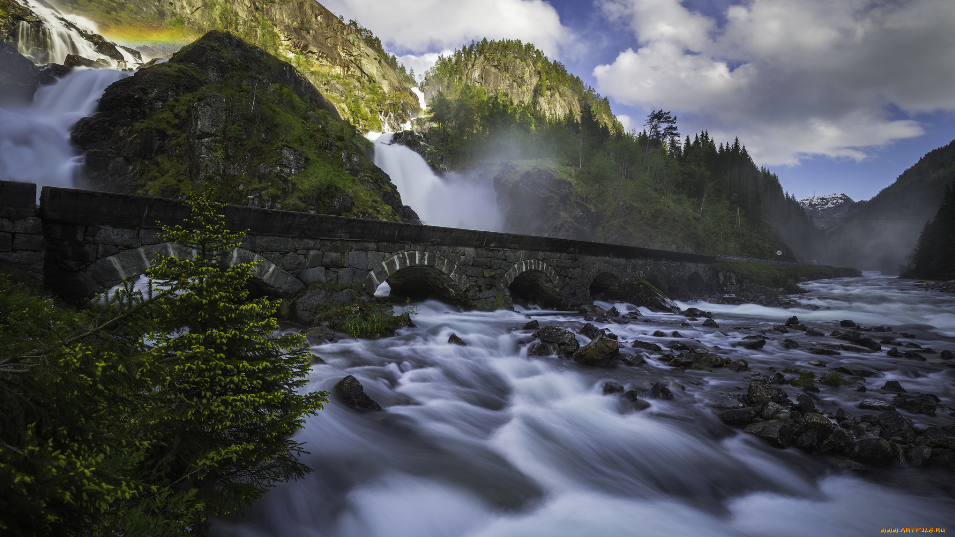 природа, водопады, горы, лес, река, водопад