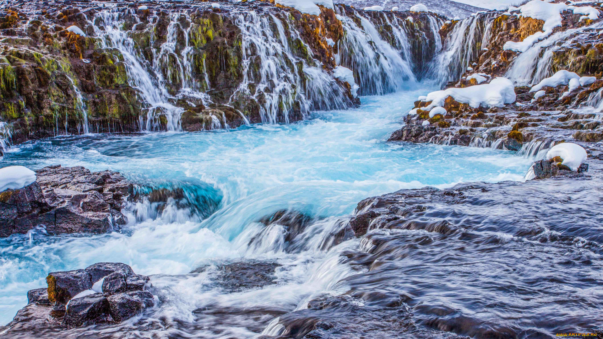 природа, водопады, исландия, горы, скалы, снег, водопад, поток, река