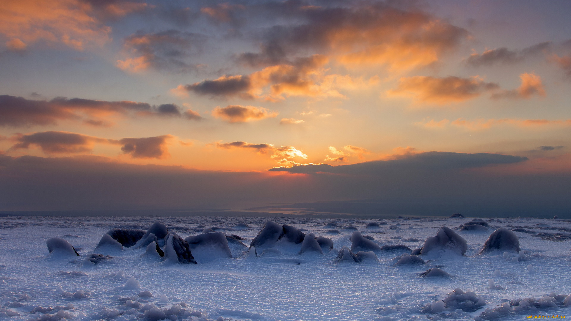 природа, зима, лёд, небо, закат