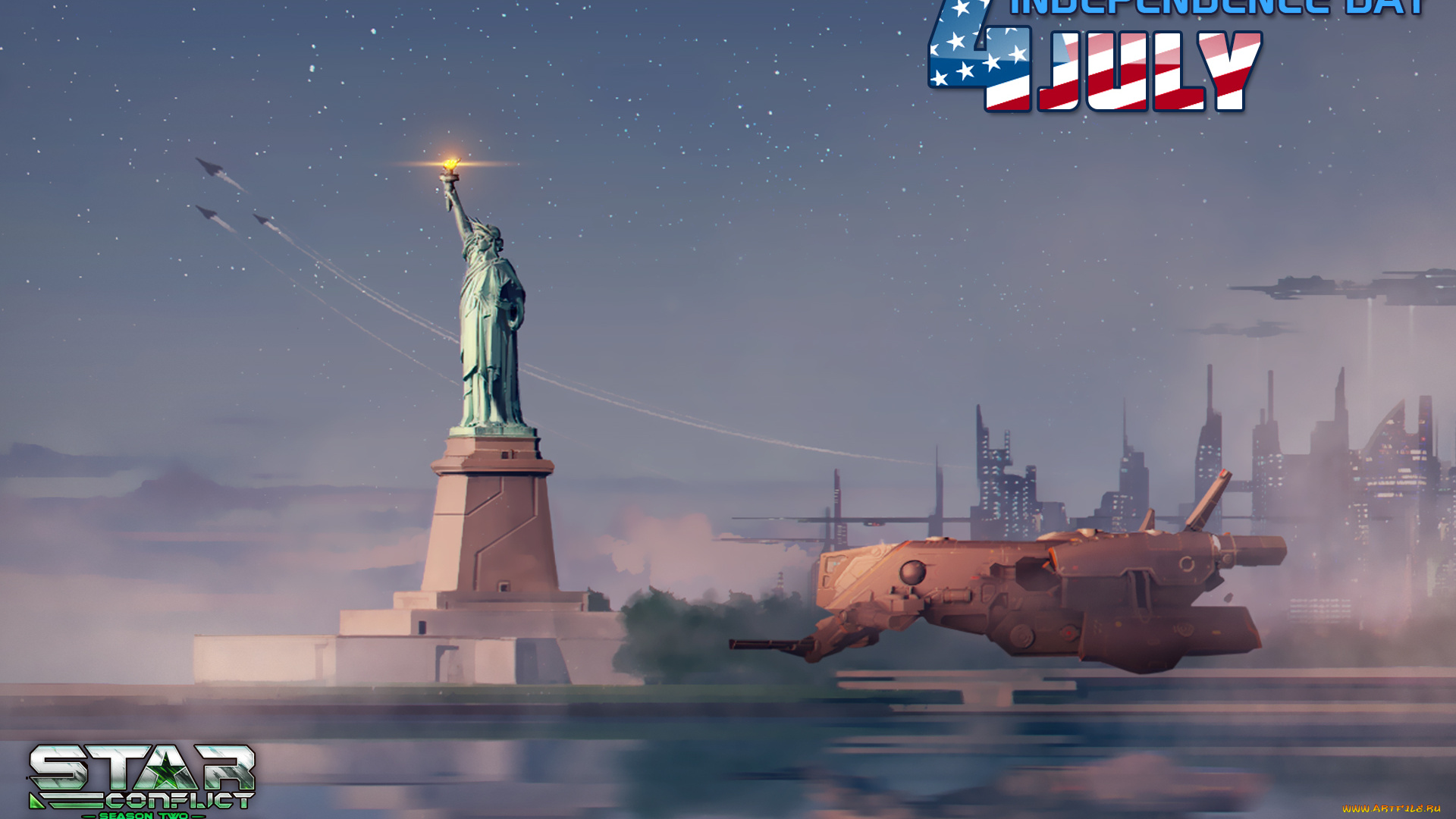 видео, игры, -, star, conflict, , dreadnoughts, статуя, нью, йорк, дома, руины, небо, звезды
