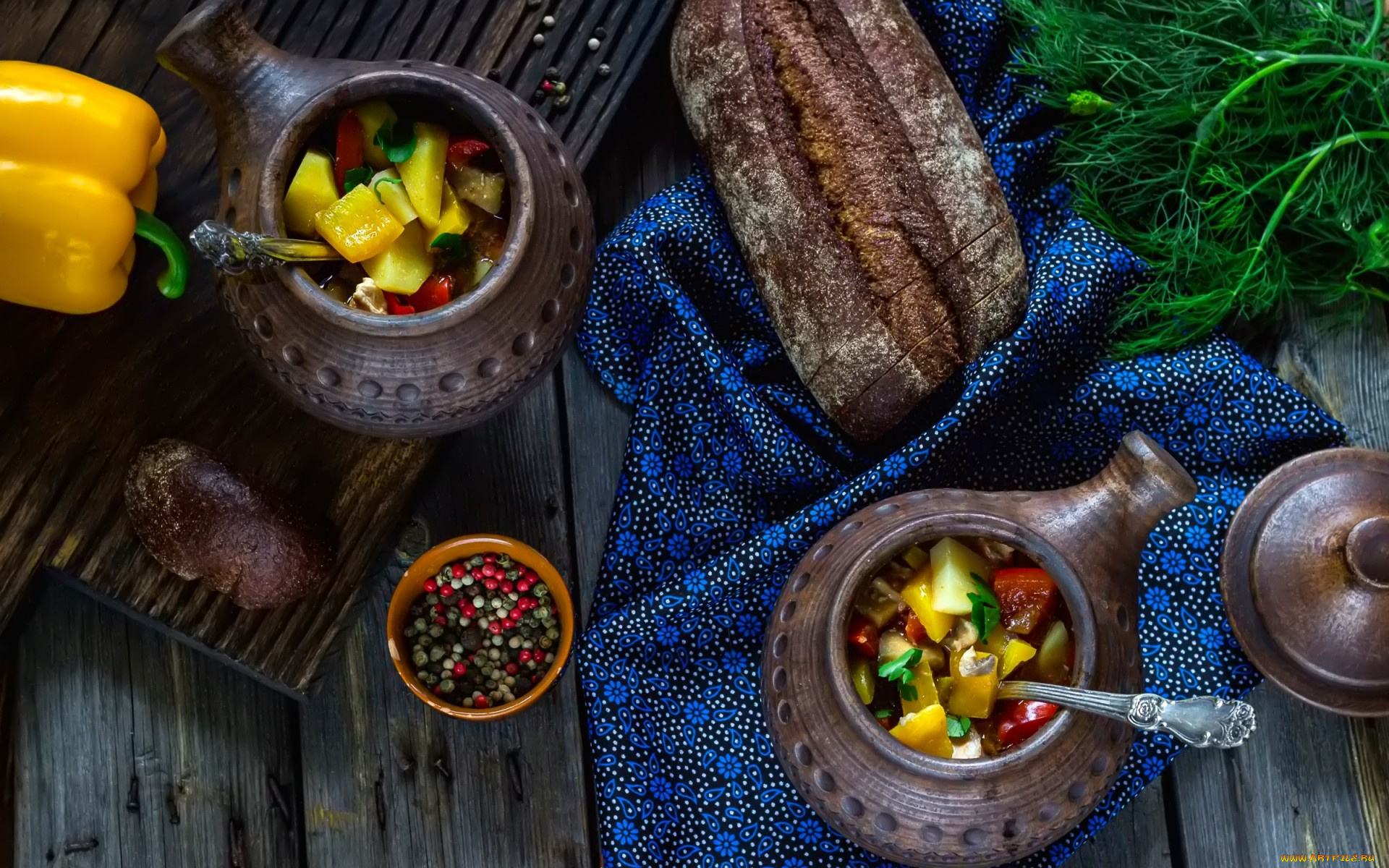 еда, вторые, блюда, натюрморт, специи, укроп, перец, хлеб, рагу, овощи, горшочки