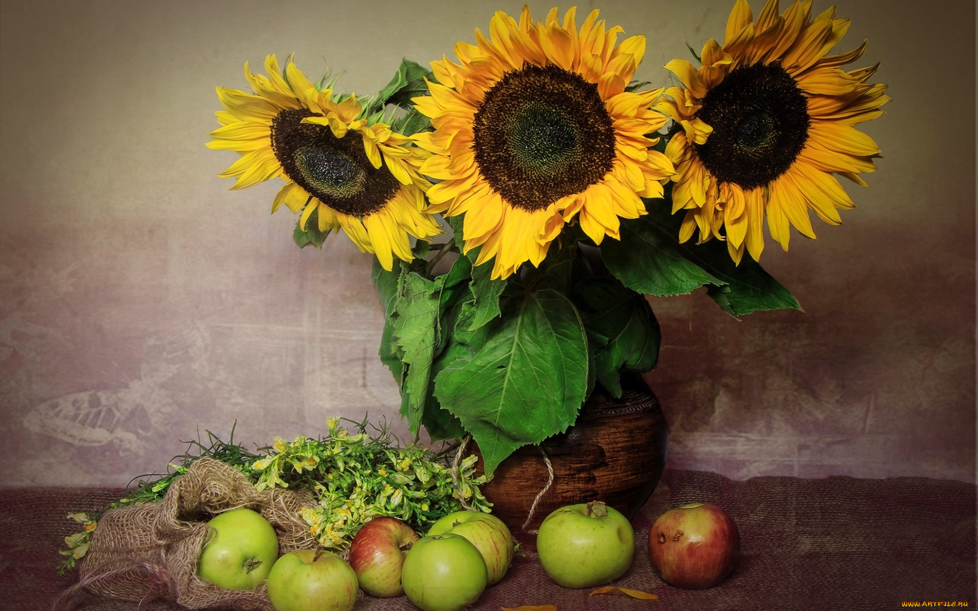 еда, Яблоки, текстура, яблоки, подсолнухи, букет, натюрморт