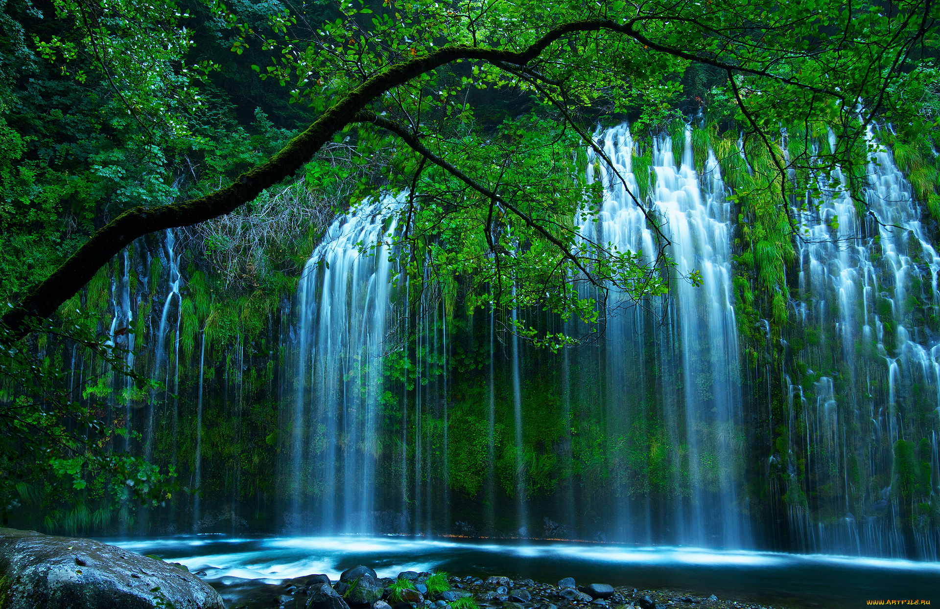 природа, водопады, камни, зелень, деревья, лес, водопад