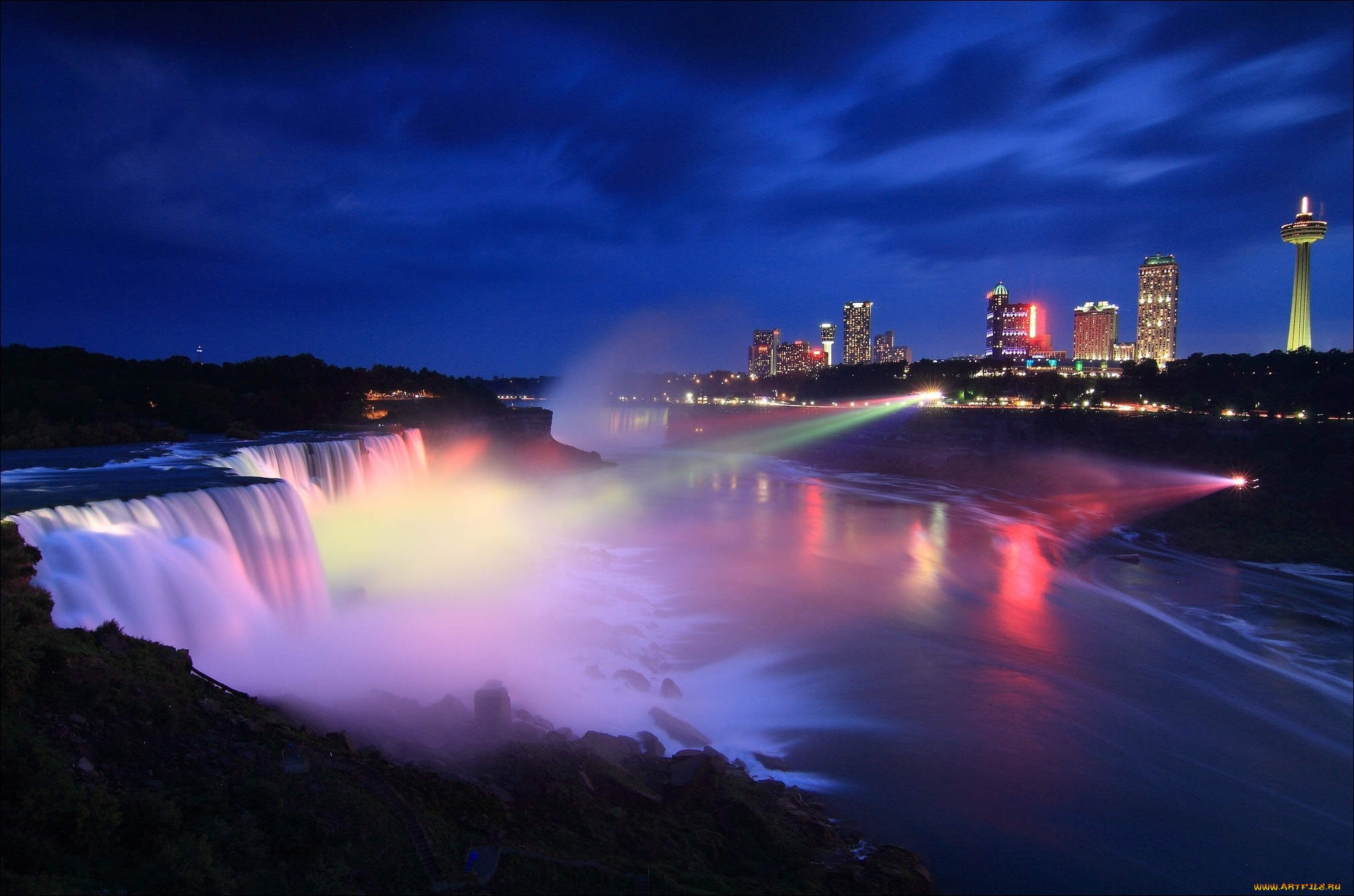 природа, водопады, онтарио, город, ниагарский, водопад, ночь, niagara, falls, night, ontario, canada, usa, канада