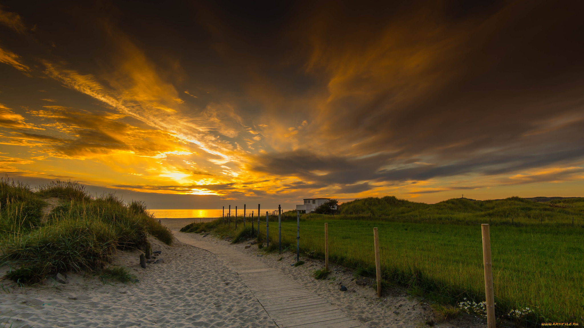 природа, восходы, закаты, океан, пляж, тропинка, тучи