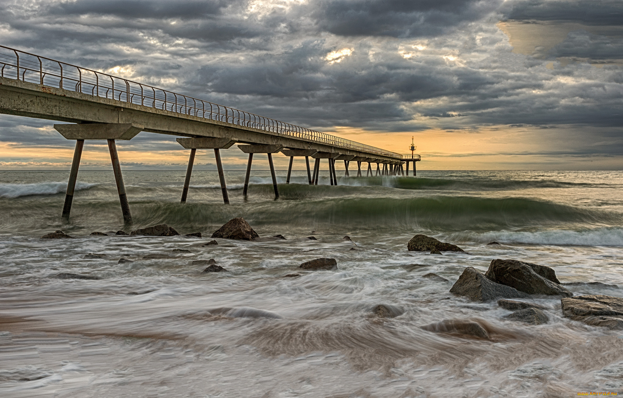 природа, побережье, тучи, мост, океан