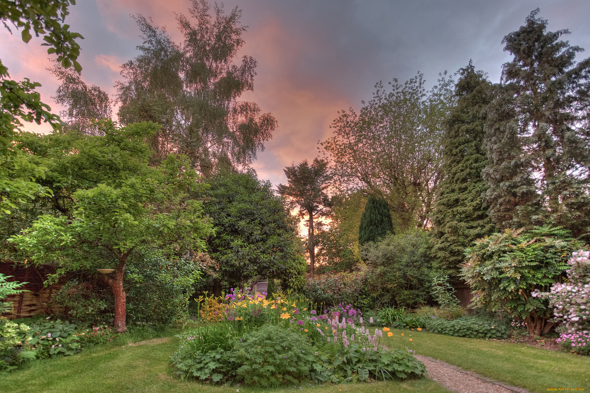 природа, парк, цветы, трава, деревья, газон