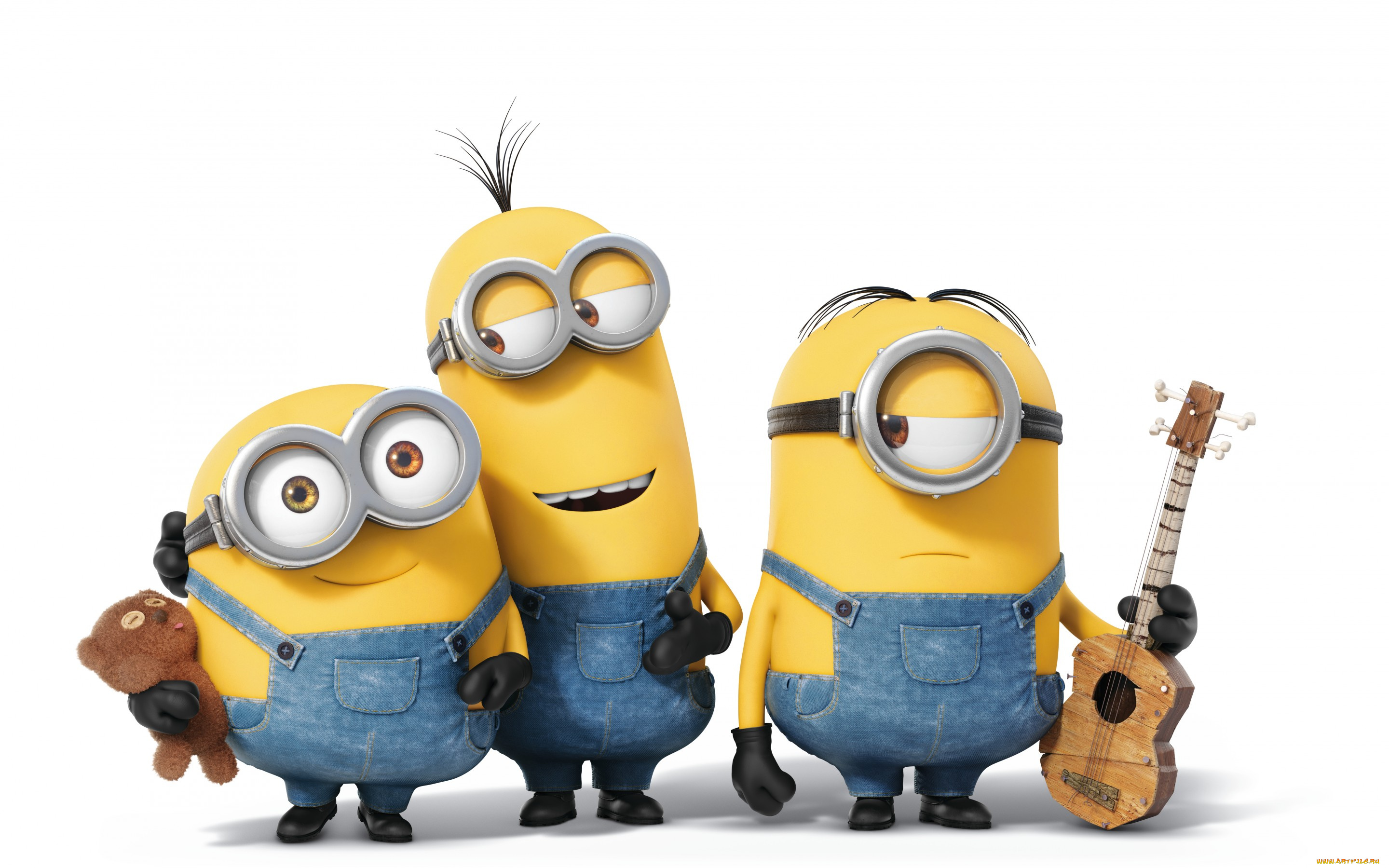 мультфильмы, minions, миньоны, мультфильм, трое, желтые, очки, комбинезоны, гитара, игрушка, мишка, плюшевый, белый, фон