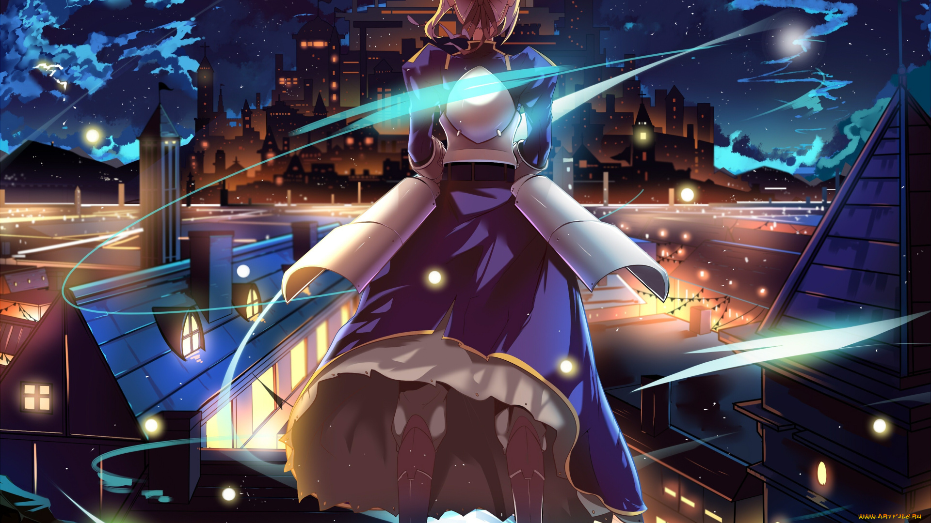 аниме, fate, stay, night, небо, облака, луна, звезды, ночь, дома, город, девушка, saber