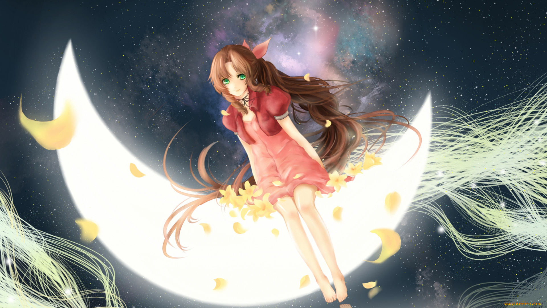 аниме, final, fantasy, звезды, gainsborough, небо, цветы, девушка, луна, aeris