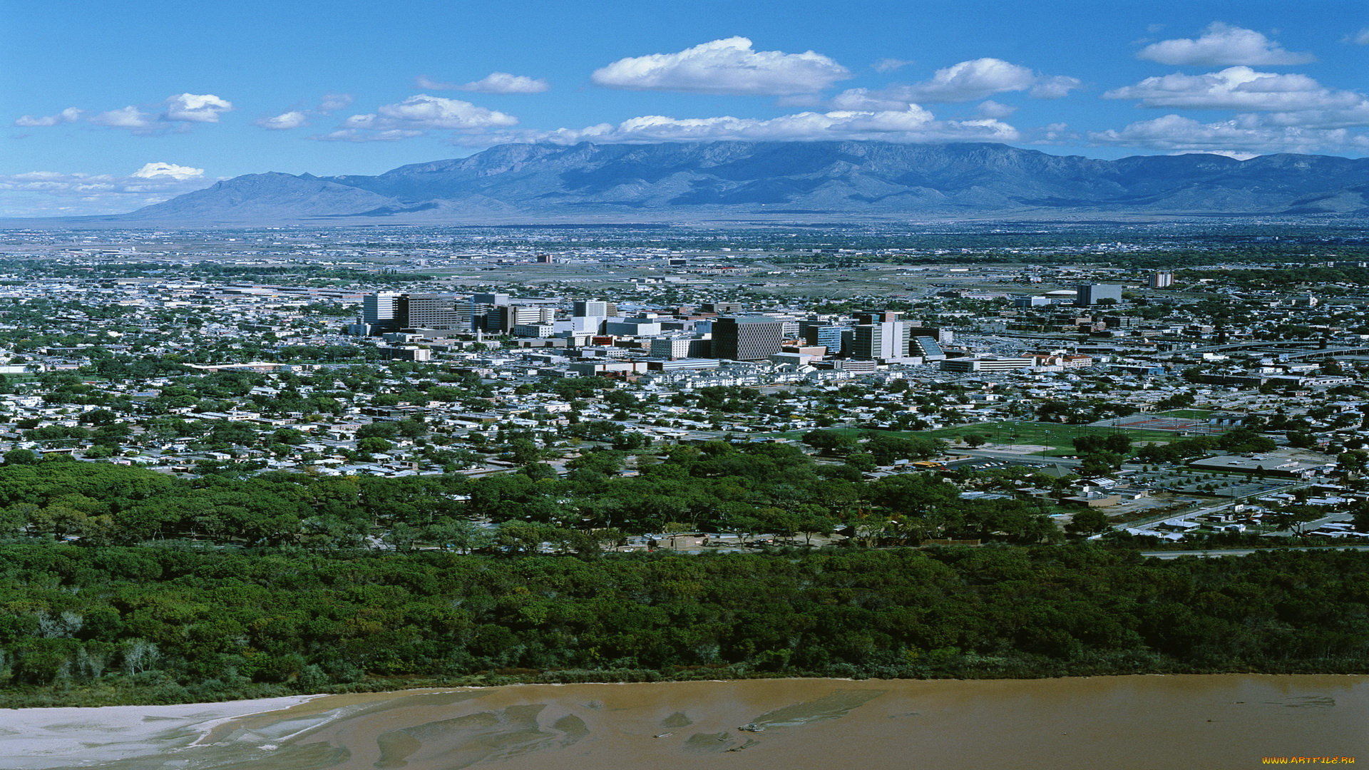 города, -, панорамы, небо, деревья, река, панорама, город, горы