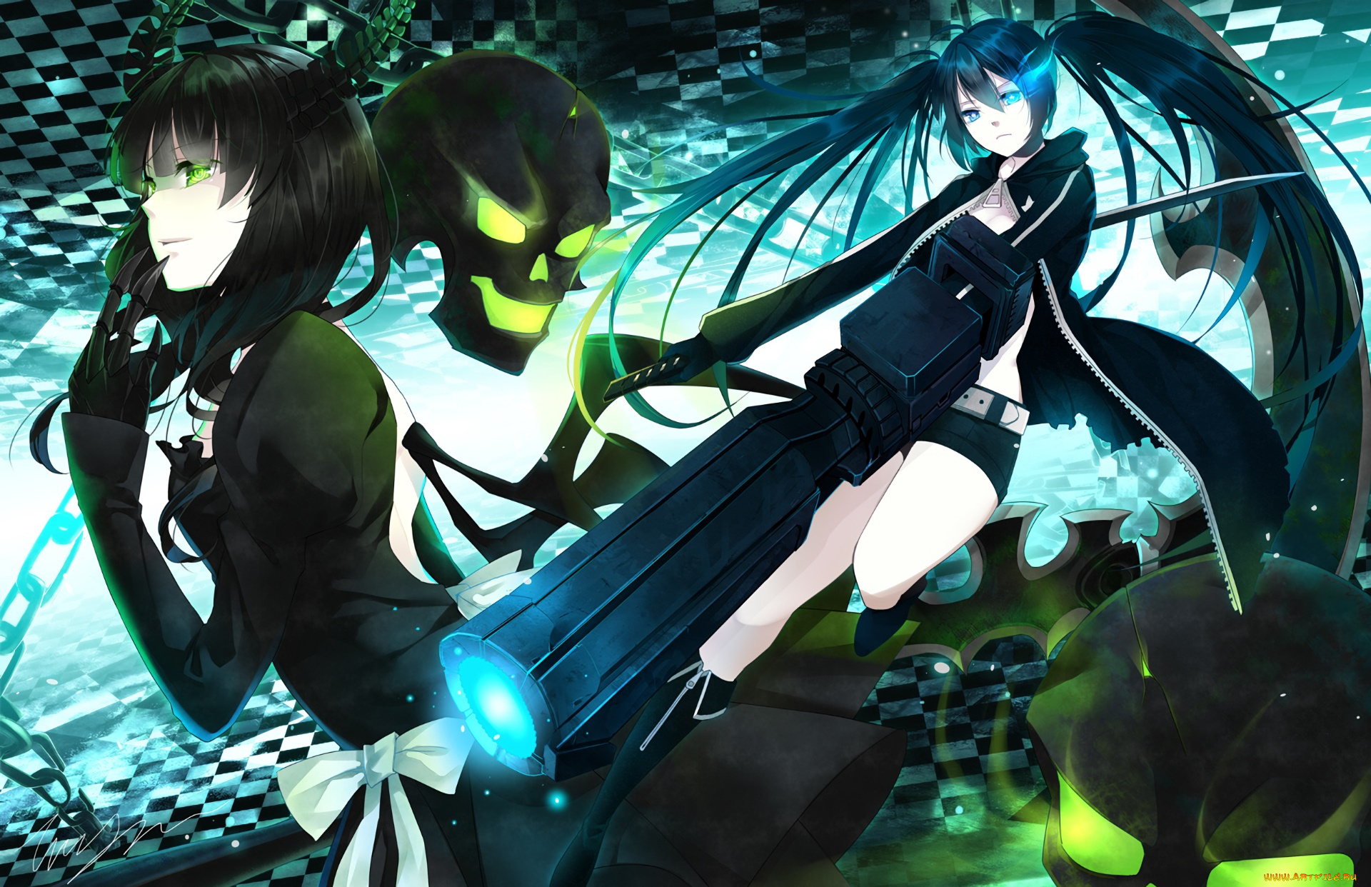 black, rock, shooter, аниме, взгляд, фон, девушка
