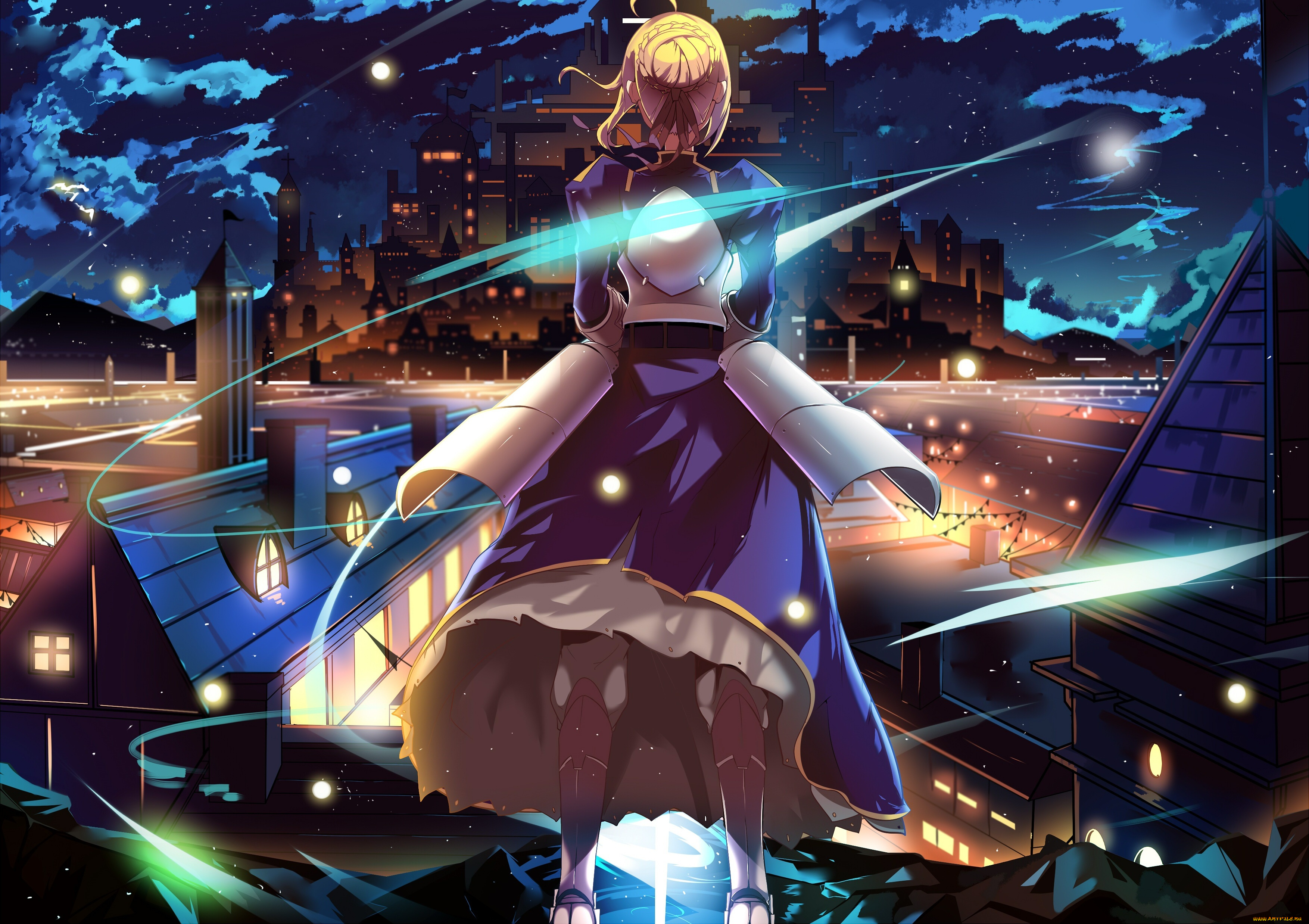 аниме, fate, stay, night, небо, облака, луна, звезды, ночь, дома, город, девушка, saber