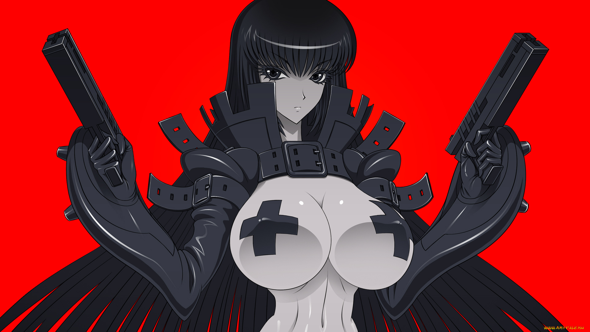 аниме, оружие, , техника, , технологии, пистолет, униформа, взгляд, девушка, фон