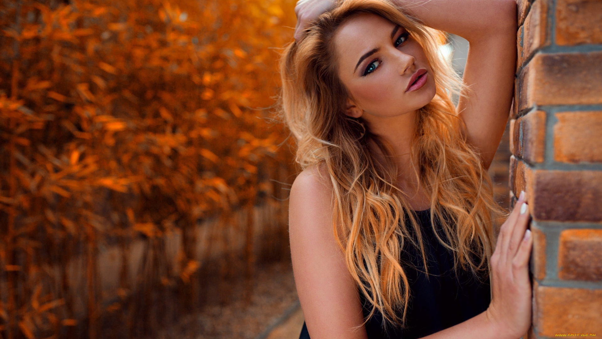 девушки, -unsort, , блондинки, рыжеволосая, макияж, боке, стоит, платье, красотка, прическа, поза, взгляд, портрет, в, черном, модель