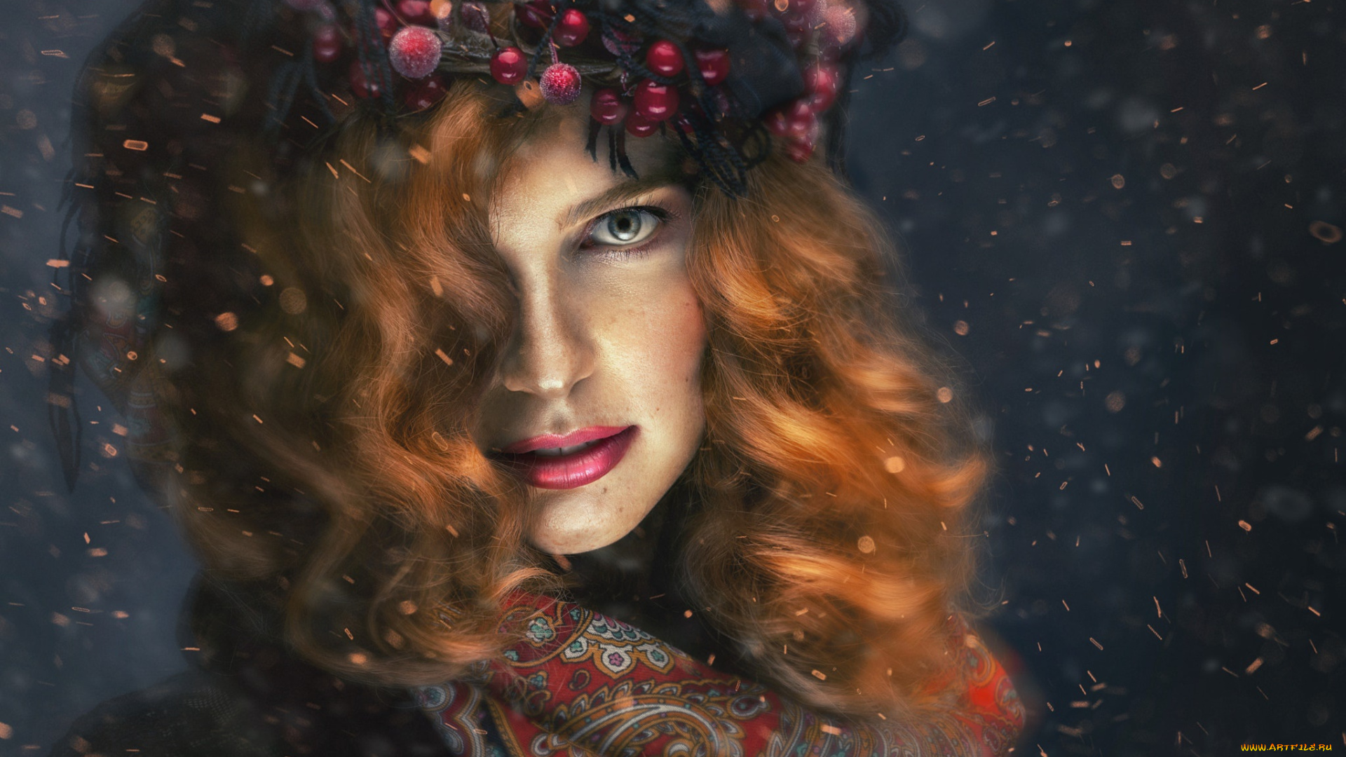 девушки, -unsort, , лица, , портреты, девушка, ягоды, локоны, платок, лицо, венок, снег, рыжая, взгляд