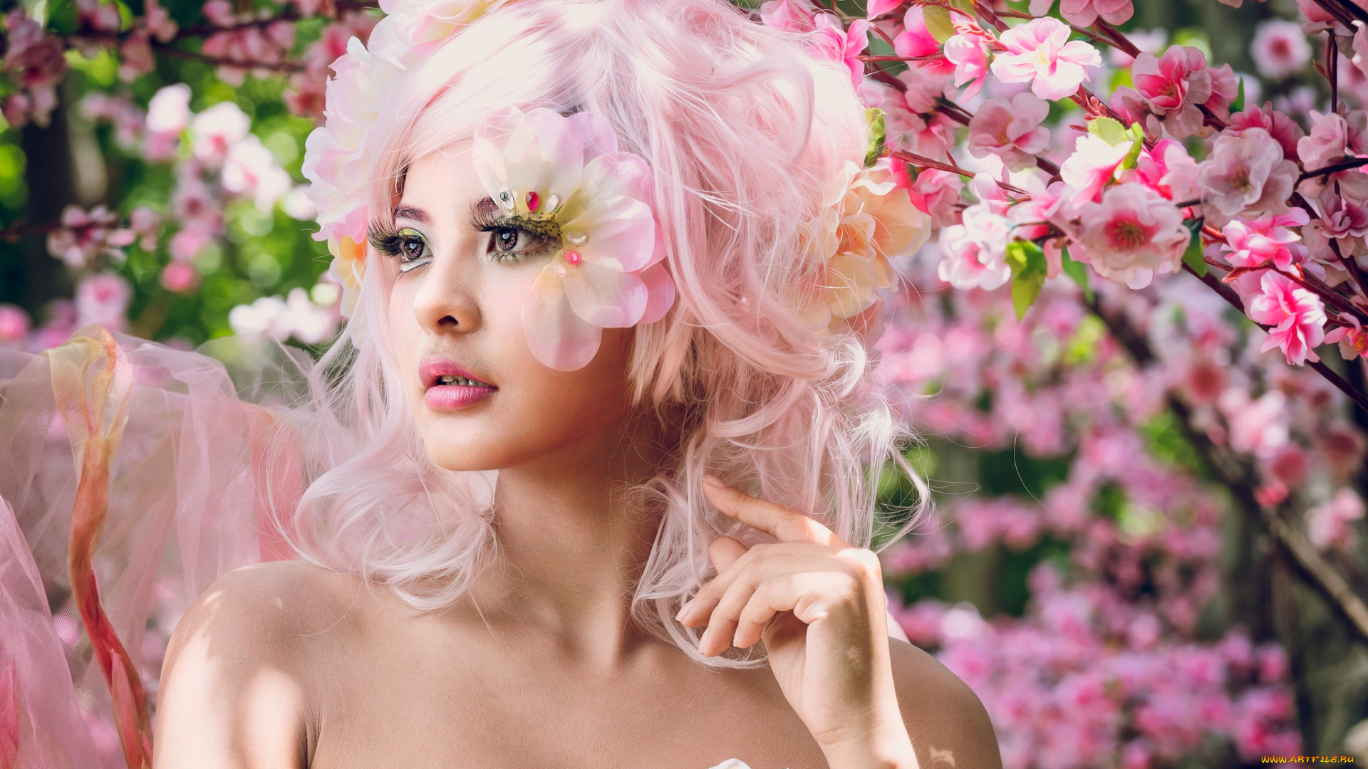 девушки, -unsort, , лица, , портреты, стиль, цветение, розовые, волосы, макияж, девушка, сакура, ветки, азиатка