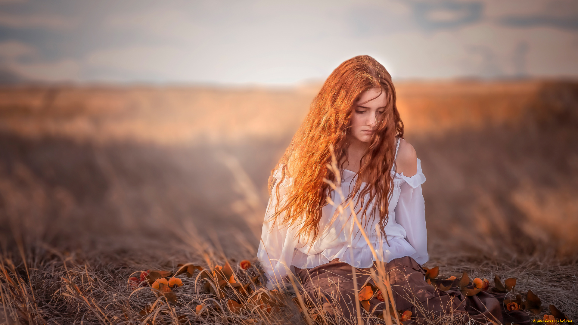 девушки, -unsort, , рыжеволосые, и, другие, настроение, девушка, цветы, рыжая, волосы, боке, трава, блузка, рыжеволосая