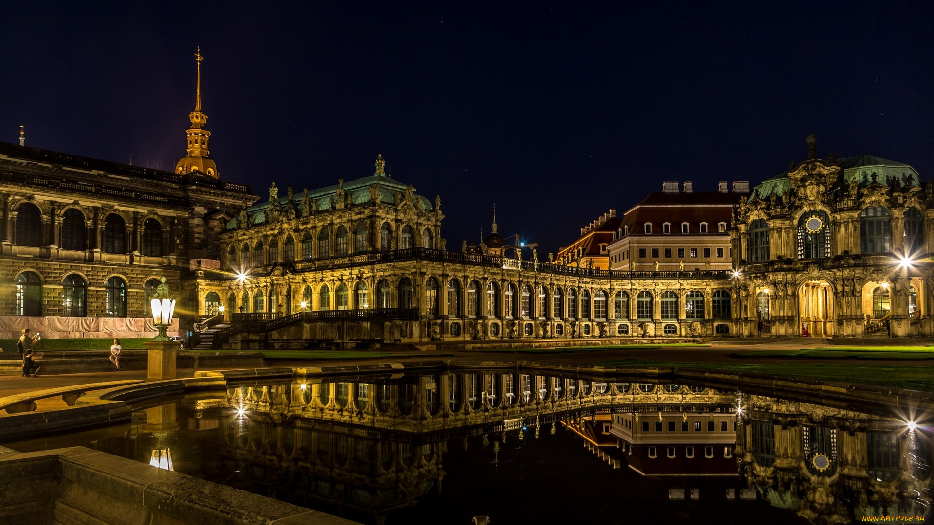 дрезден, города, дрезден, , германия, водоем, фонари, здания, ночь