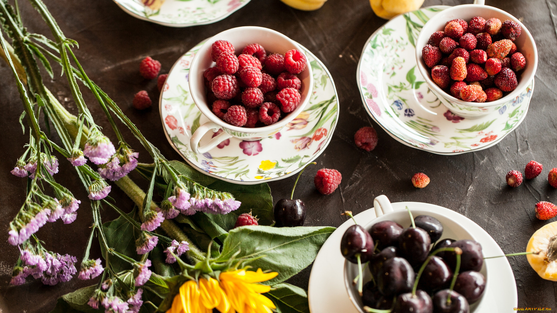 еда, фрукты, , ягоды, цветы, земляника, малина, черешня, ягоды