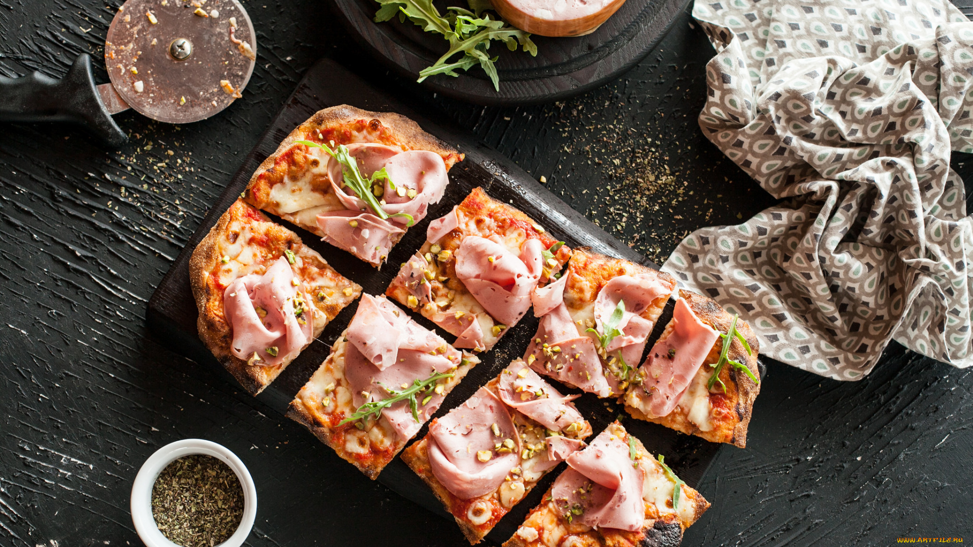 еда, пицца, вкусно, зелень, бекон