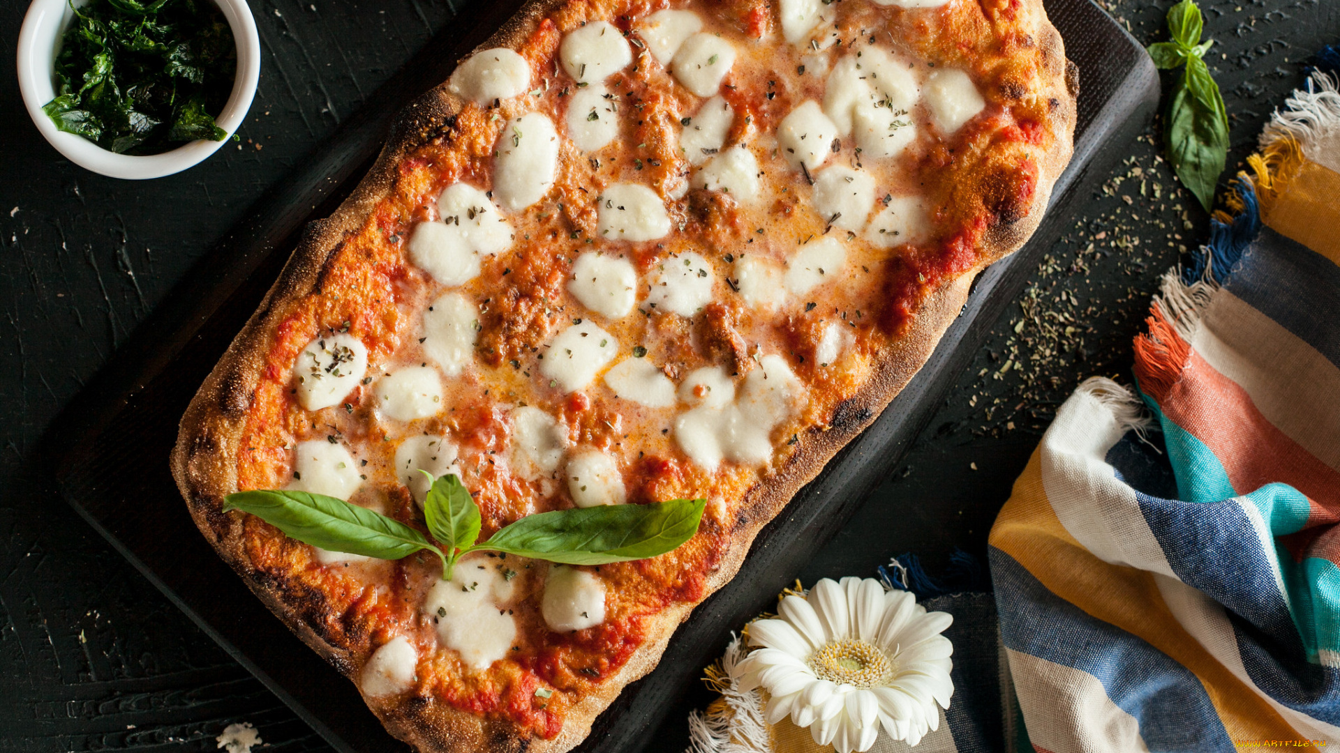 еда, пицца, зелень, приправа, начинка, помидоры