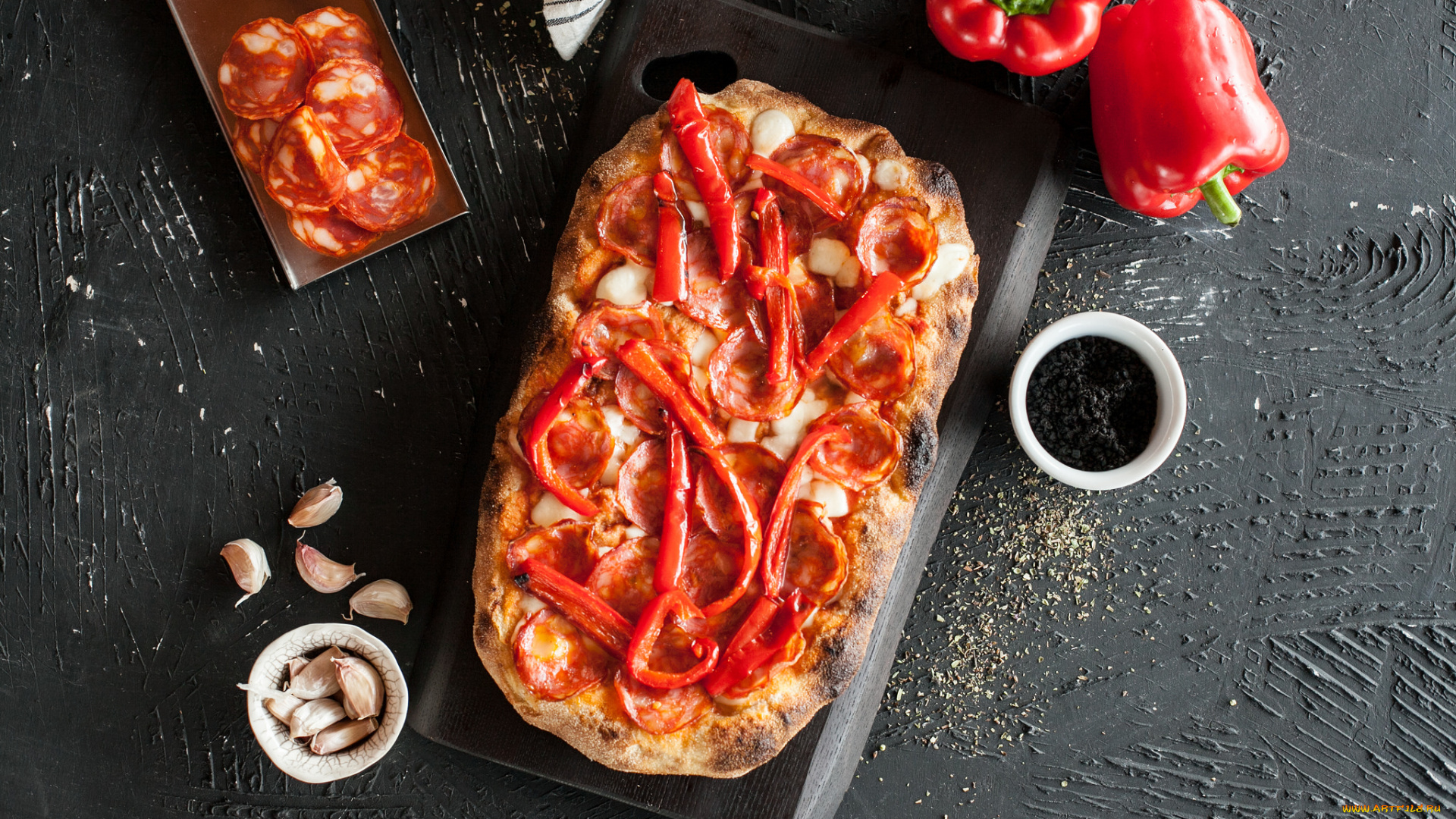 еда, пицца, зелень, сыр, помидоры, начинка