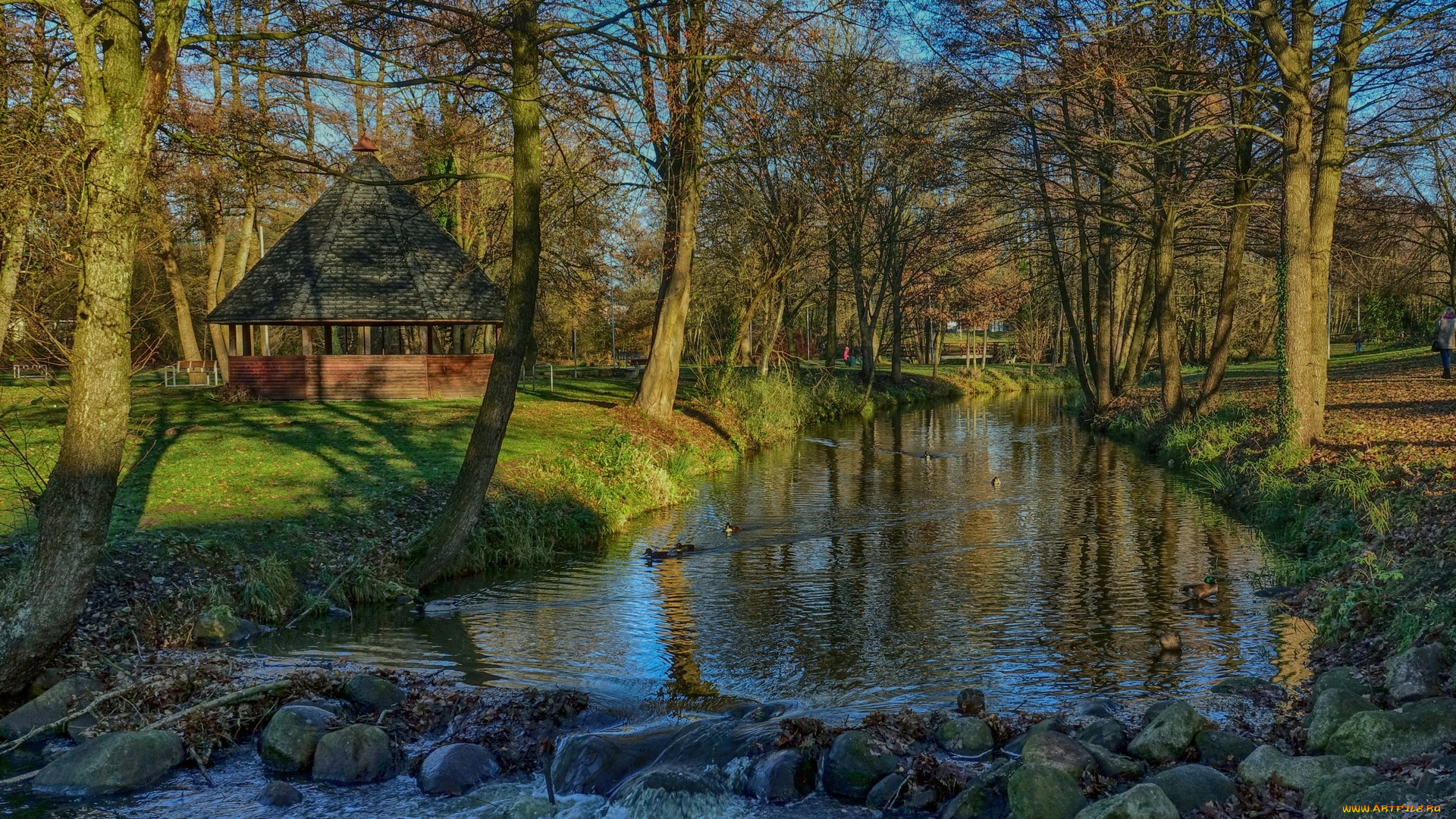 германия, природа, парк, водоем, камни, беседка, деревья