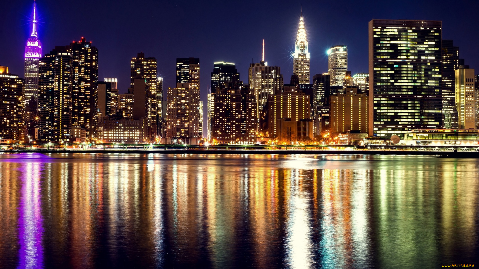 города, -, огни, ночного, города, водоем, отражение, небоскребы, фонари, свет