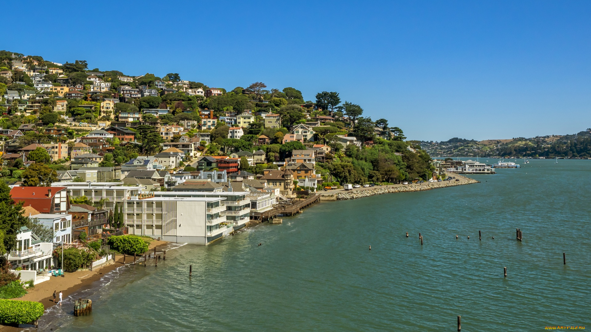 города, -, панорамы, водоем, дома, деревья