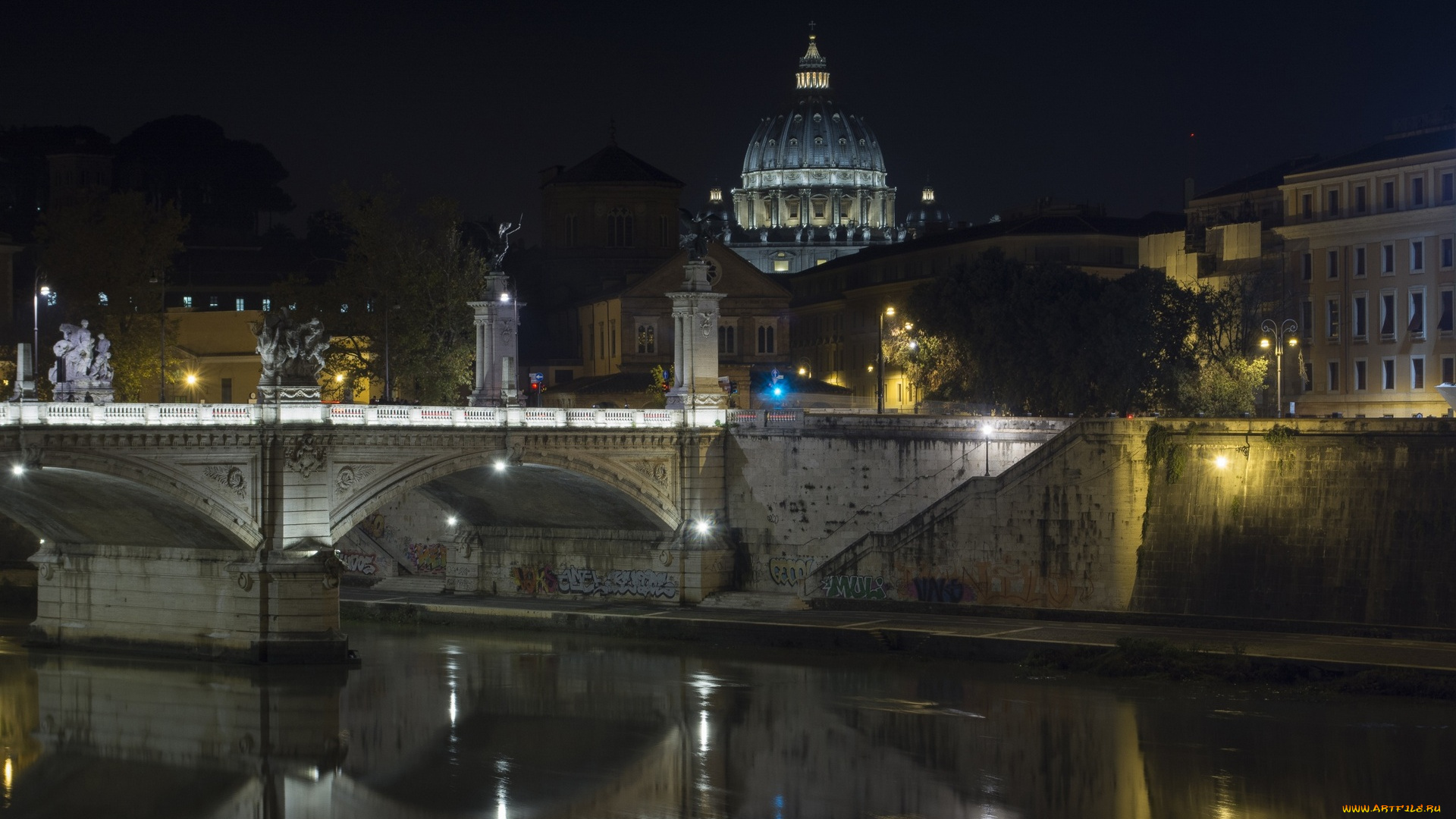 италия, города, рим, , ватикан, , водоем, мост, скульптуры, здания, фонари