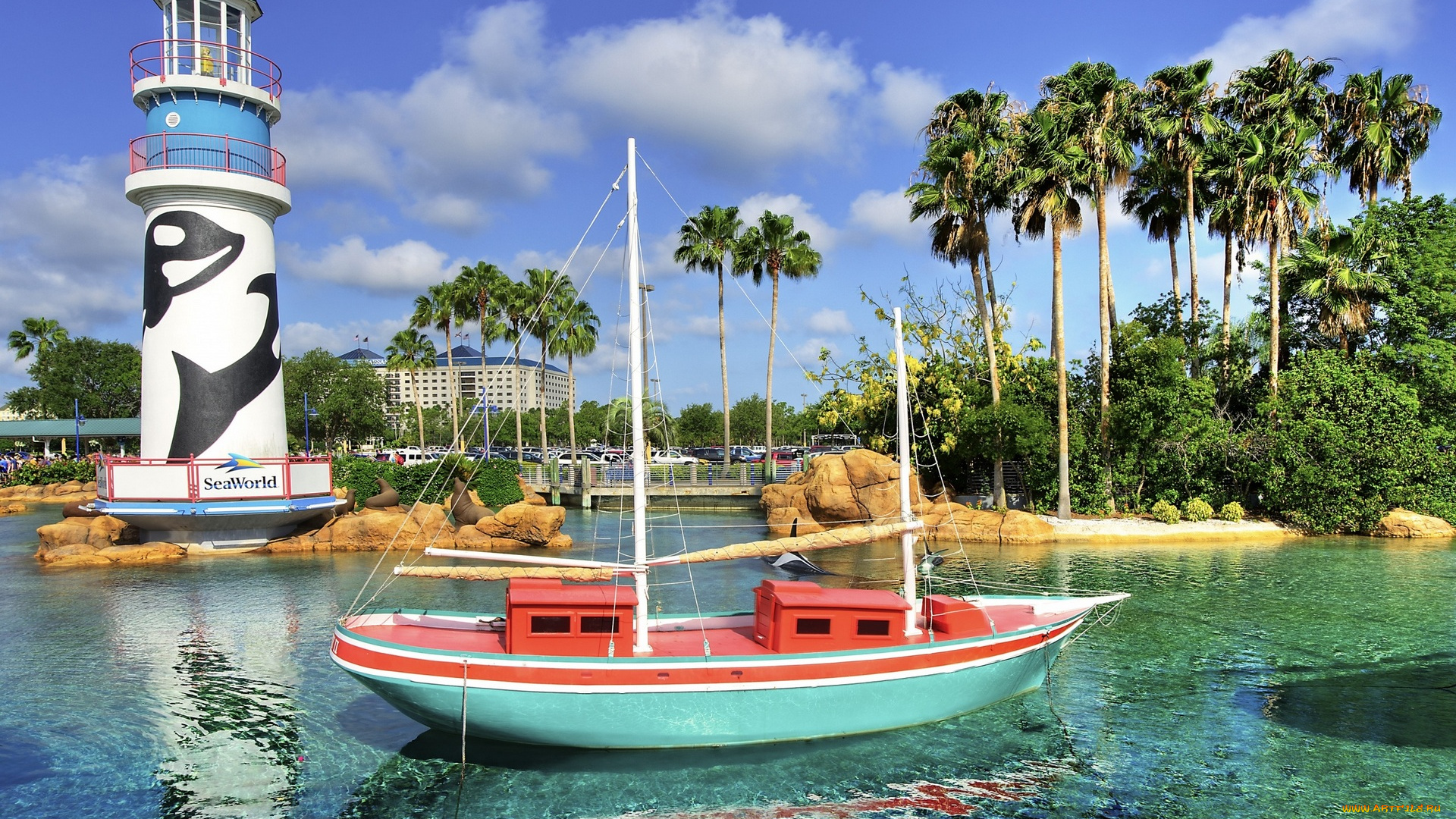 корабли, Яхты, водоем, лодка, маяк, здание