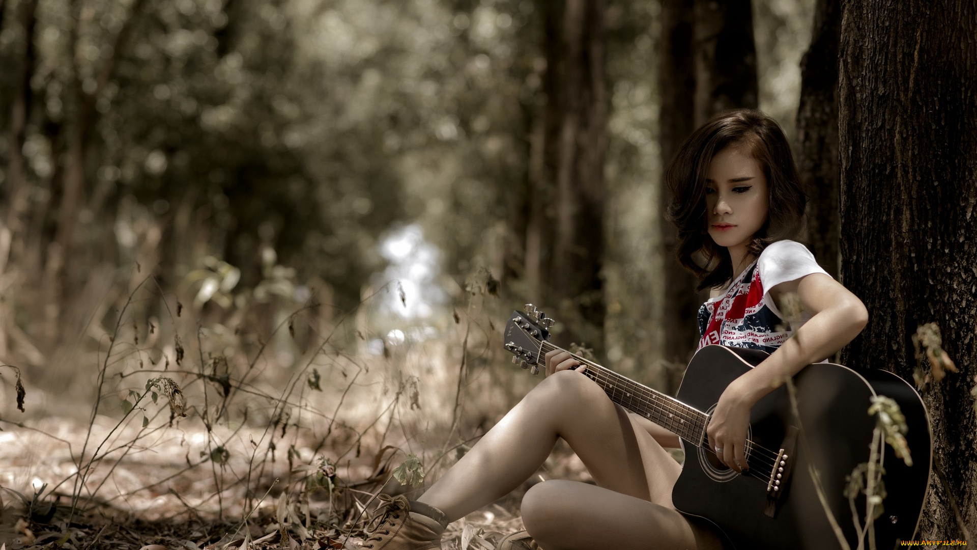 музыка, -, другое, гитара, девушка, трава