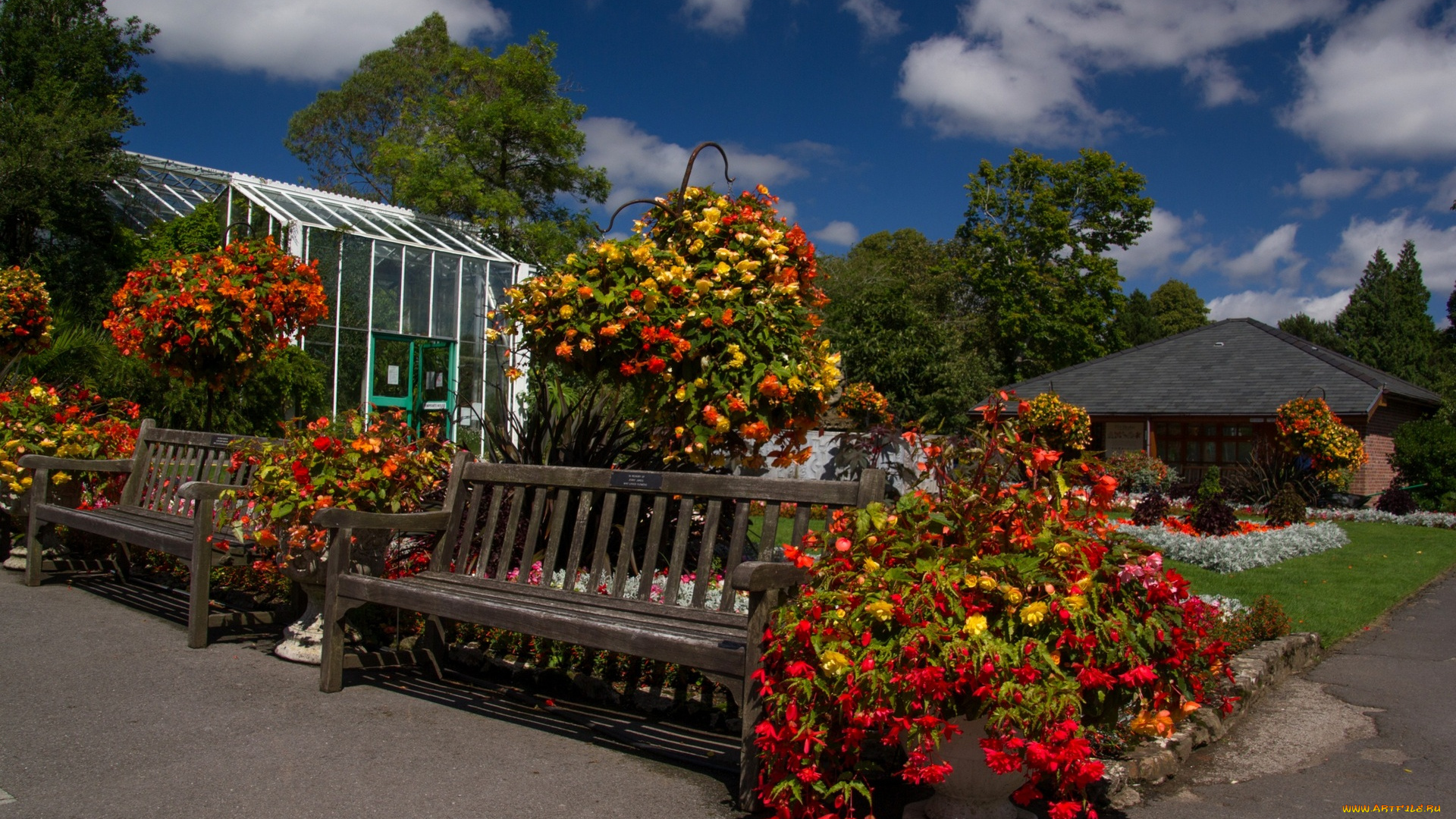природа, парк, цветы, скамейки, дом, деревья, облака
