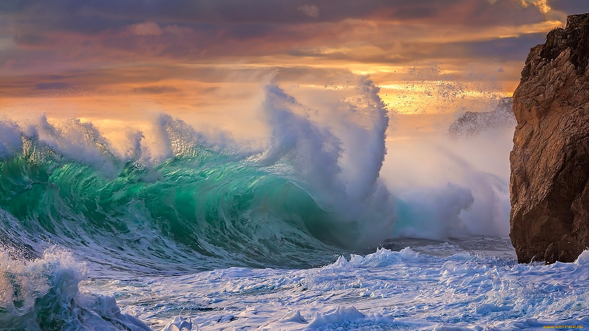 природа, побережье, океан, волны, брызги, небо