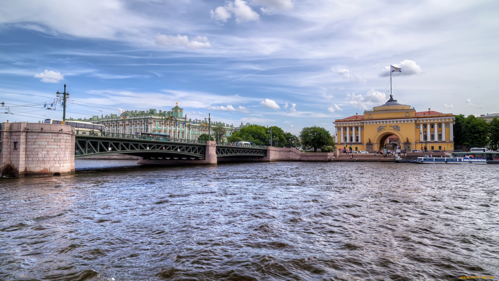 с-петербург, города, санкт-петербург, , петергоф, , россия, река, мост, здания, флаг, машины, облака